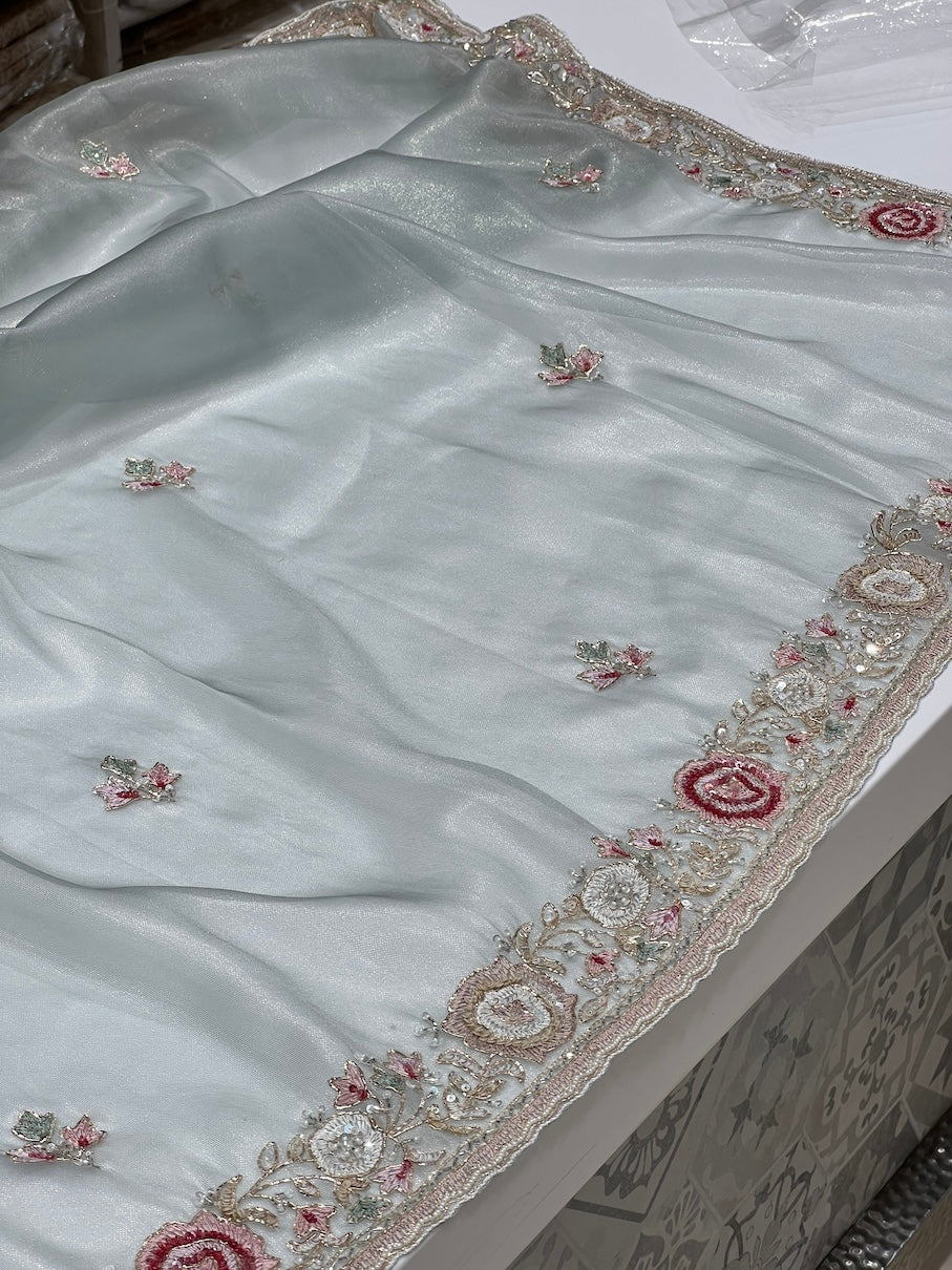 Light Pista Tissue Organza Embroidery Saree