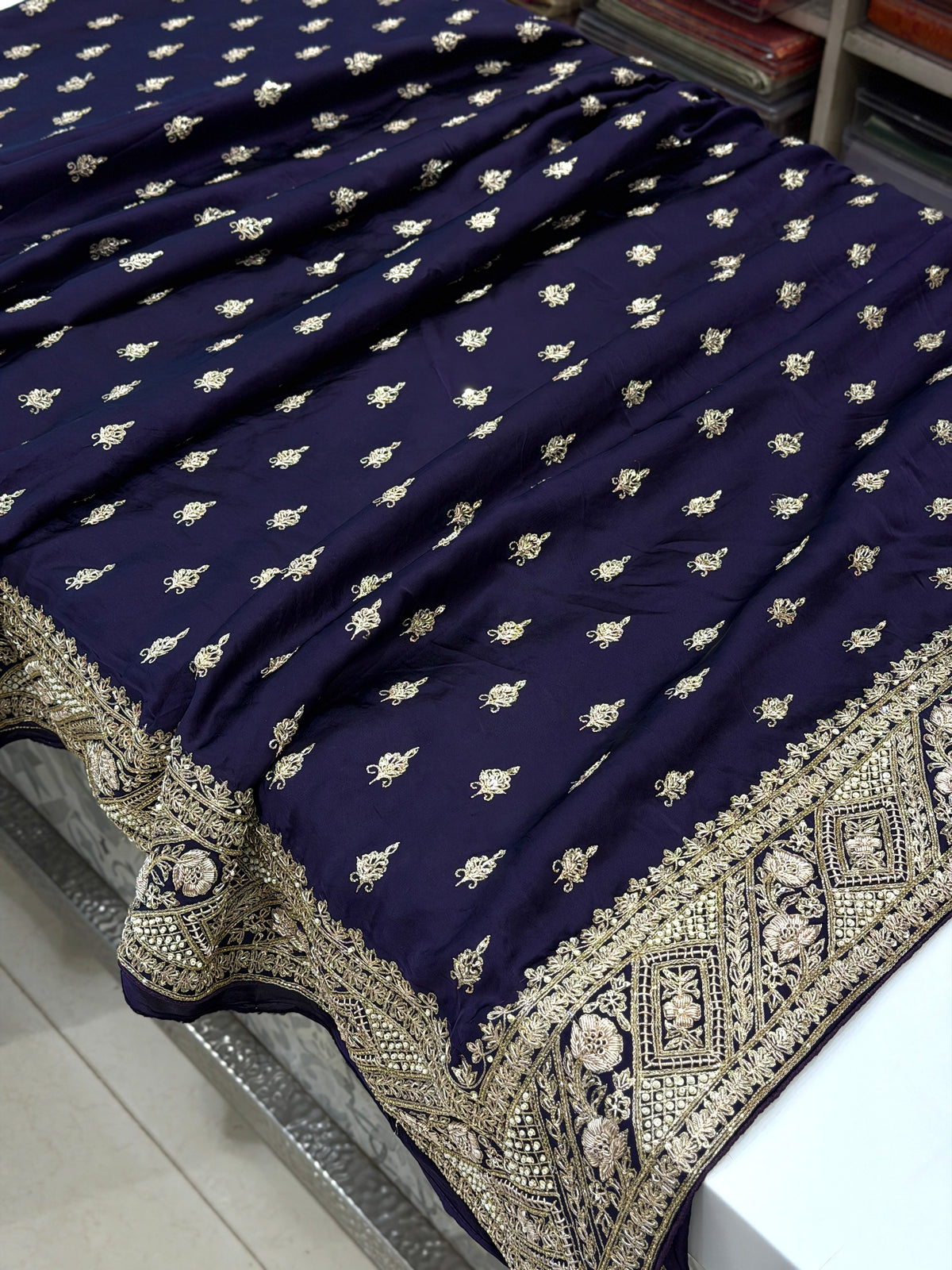 Violet Pure Satin Silk Zardosi Hand Embroidery Jaal Saree