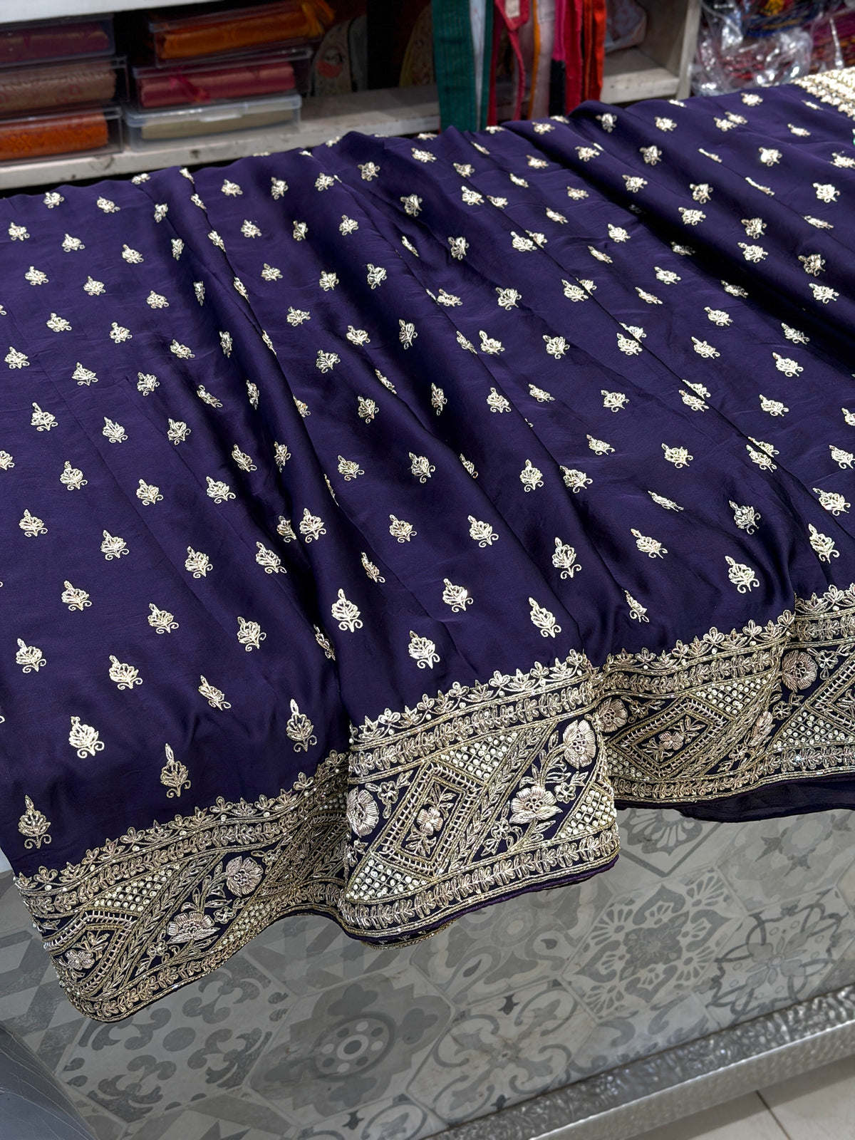 Violet Pure Satin Silk Zardosi Hand Embroidery Jaal Saree