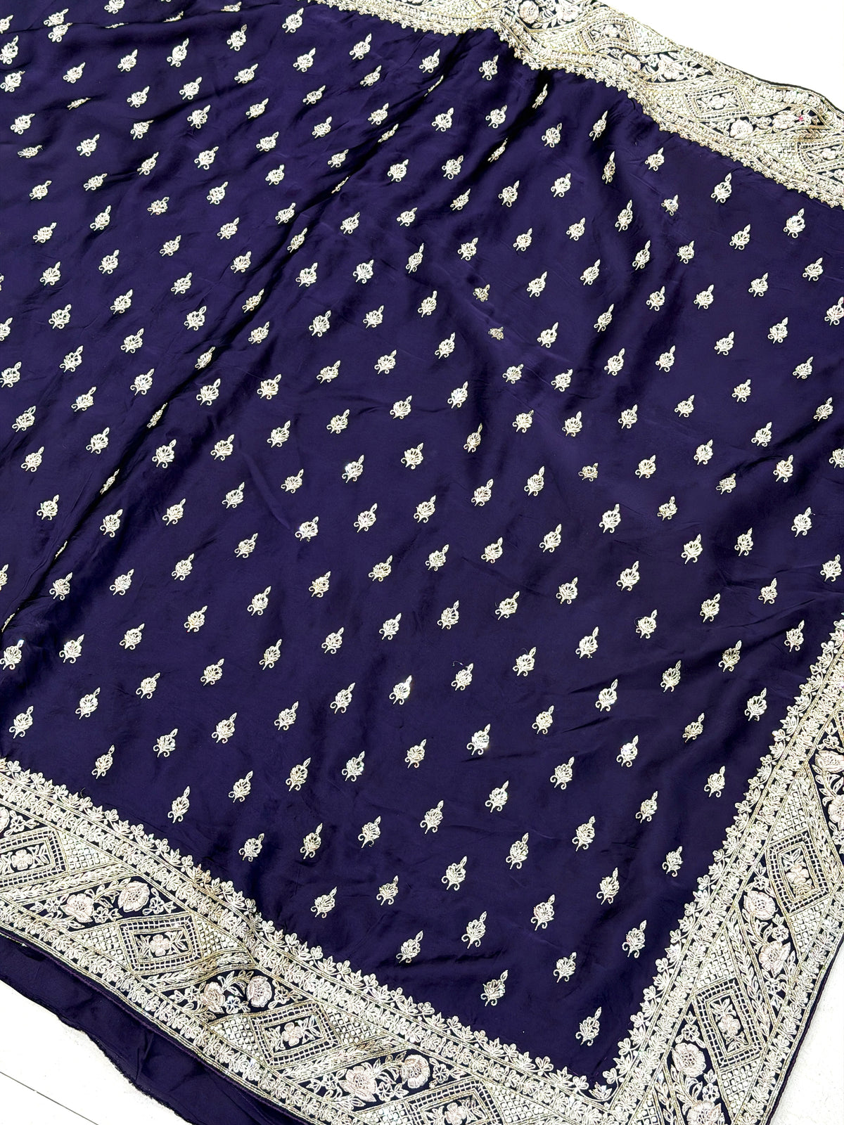 Violet Pure Satin Silk Zardosi Hand Embroidery Jaal Saree