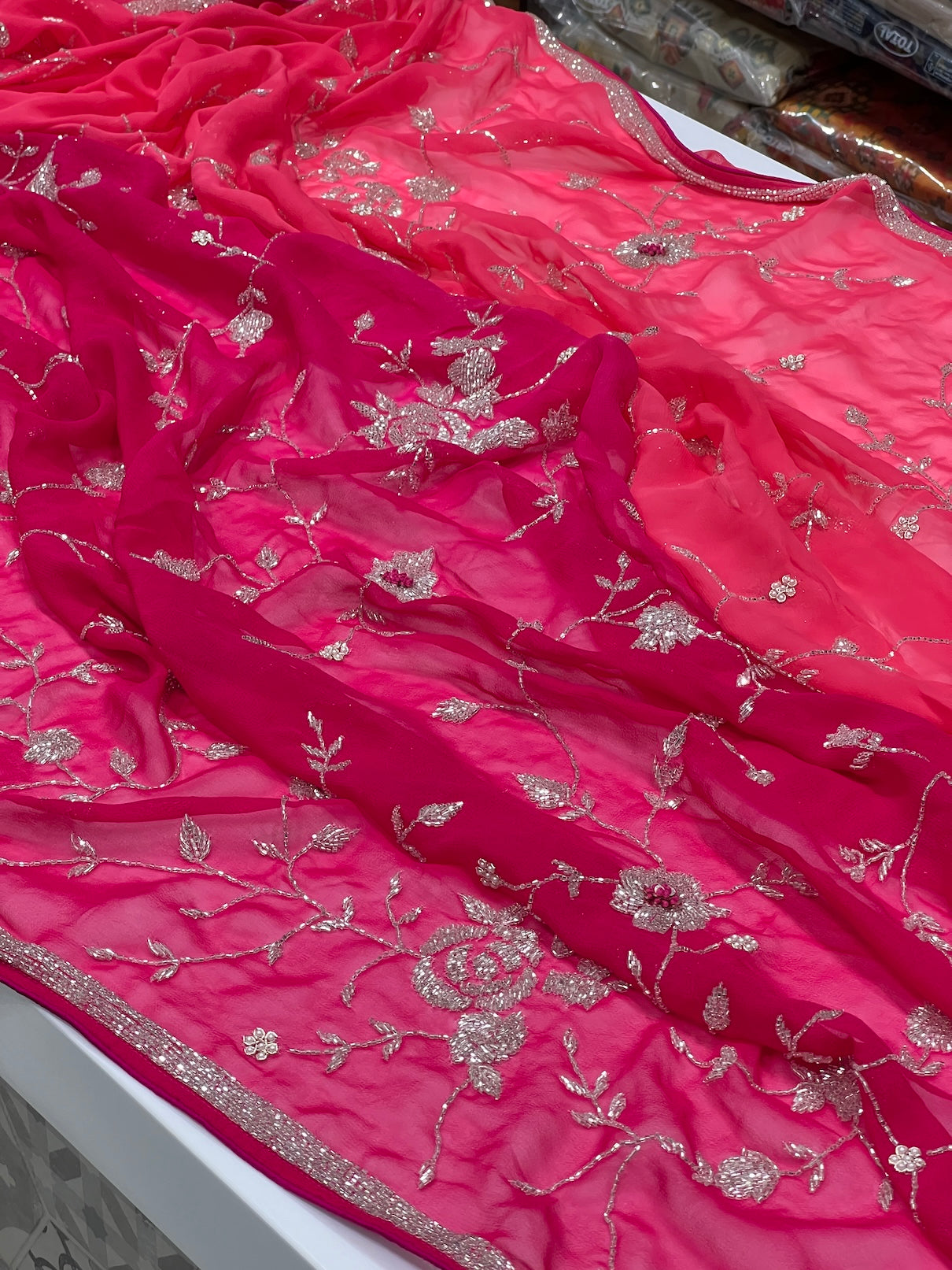 Shaded Chiffon Hand Embroidery Cutdana Jaal Saree