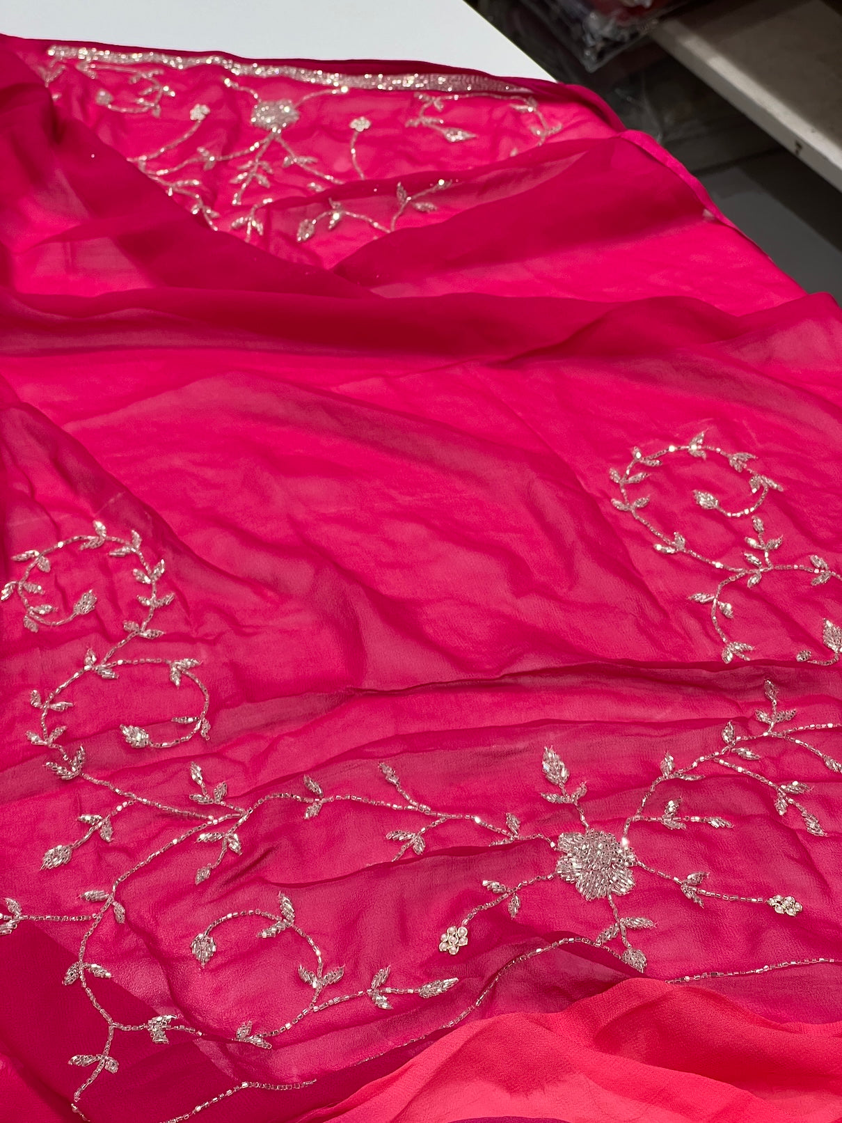 Shaded Chiffon Hand Embroidery Cutdana Jaal Saree