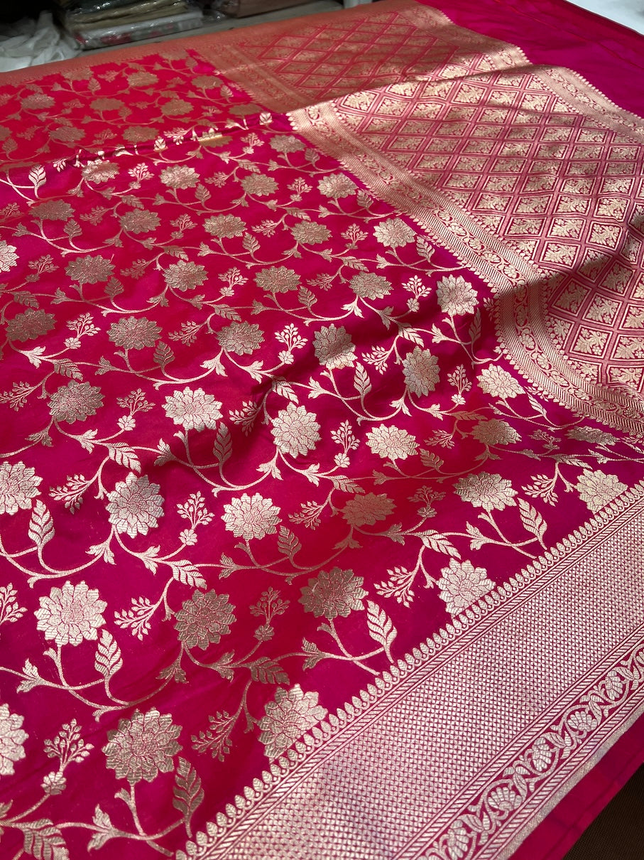 Rani Pink Katan Flower Jaal Saree