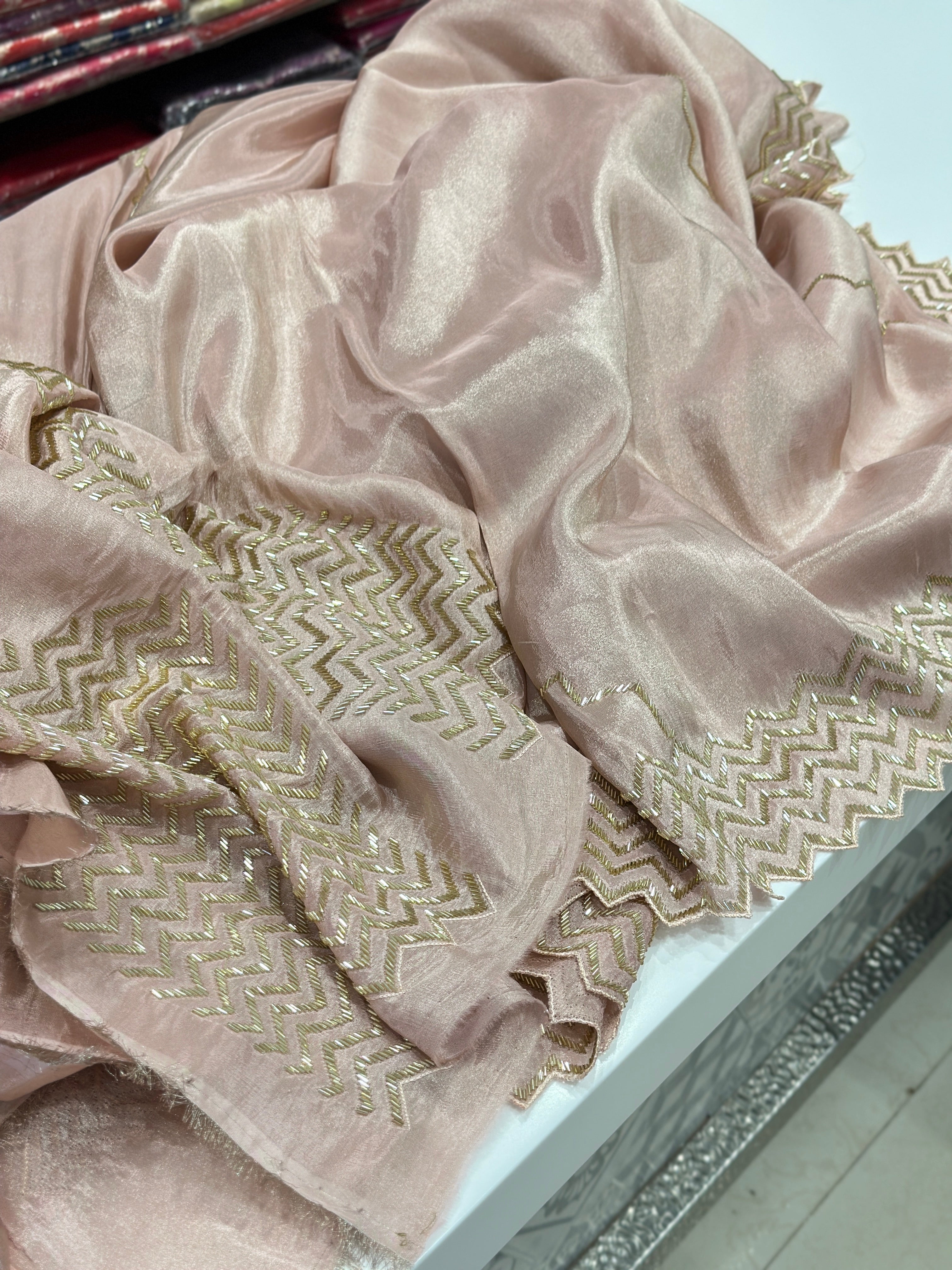 Nude Pink Tissue Chiffon Embroidery Saree