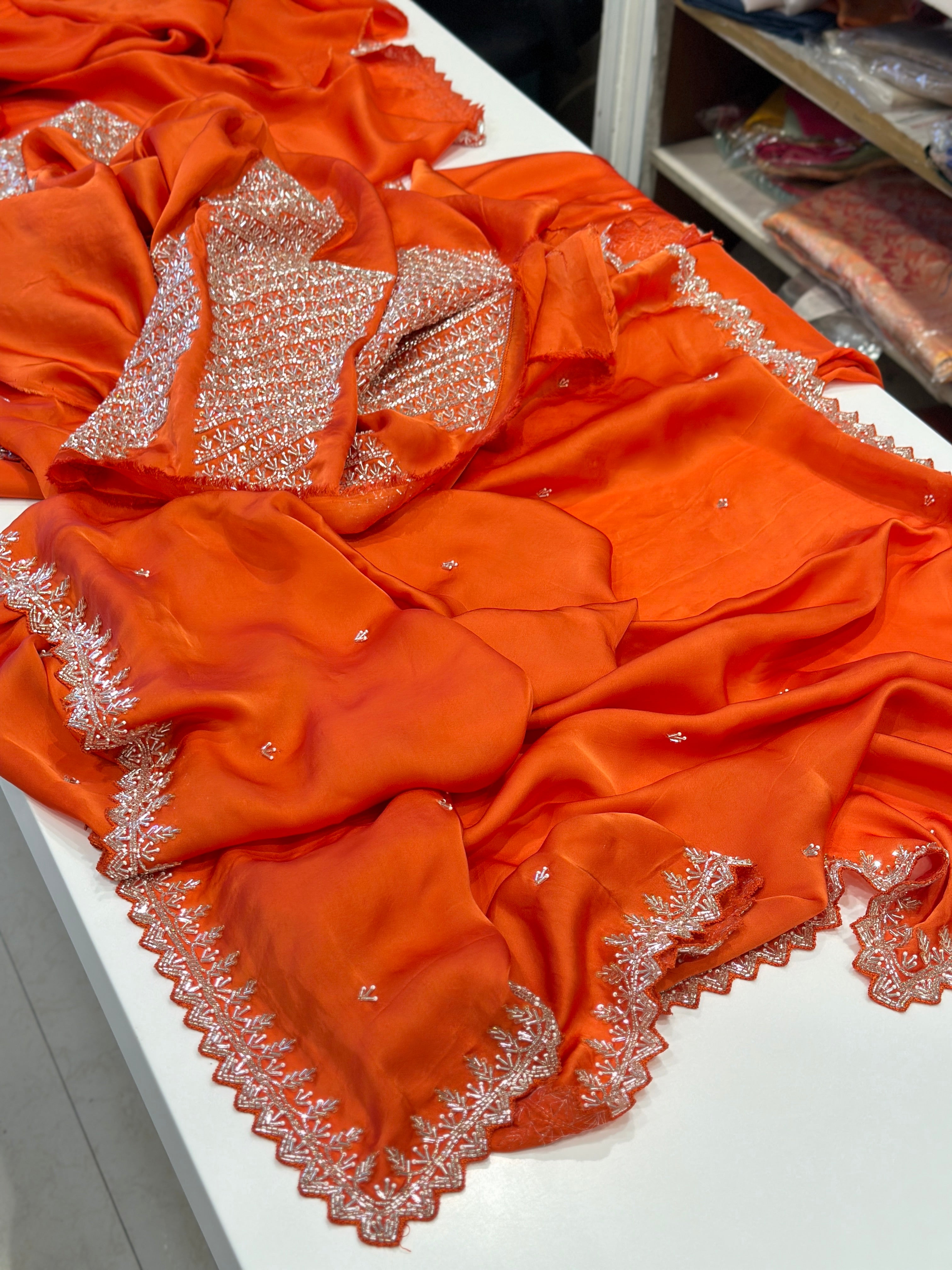 Orange Satin Organza Heavy Blouse Saree