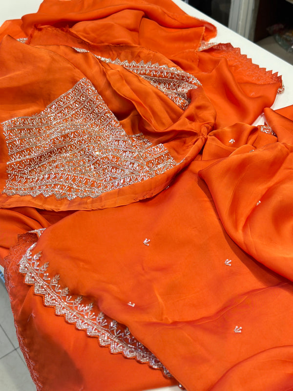 Orange Satin Organza Heavy Blouse Saree