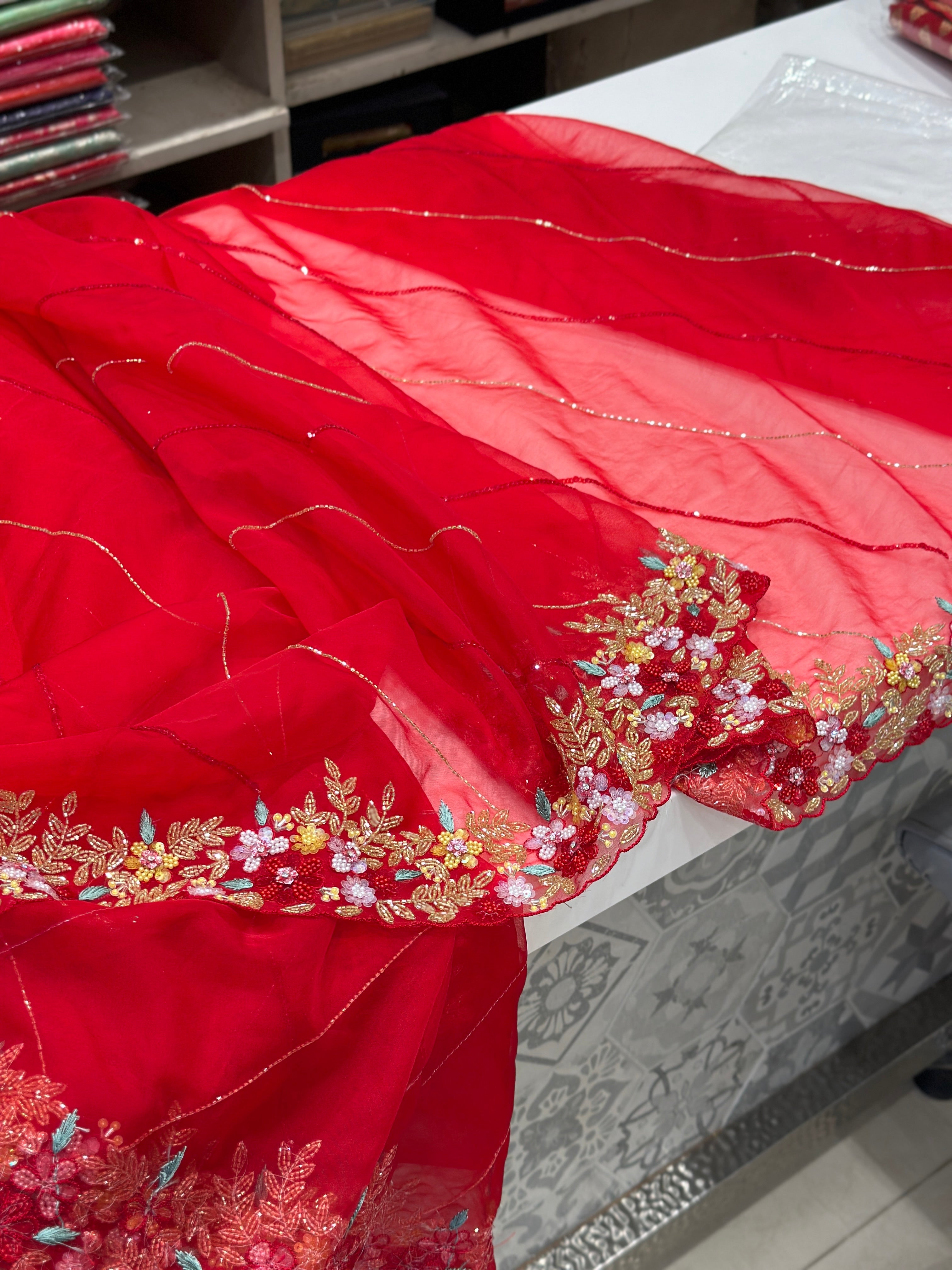 Red Organza Multi Sequin Saree