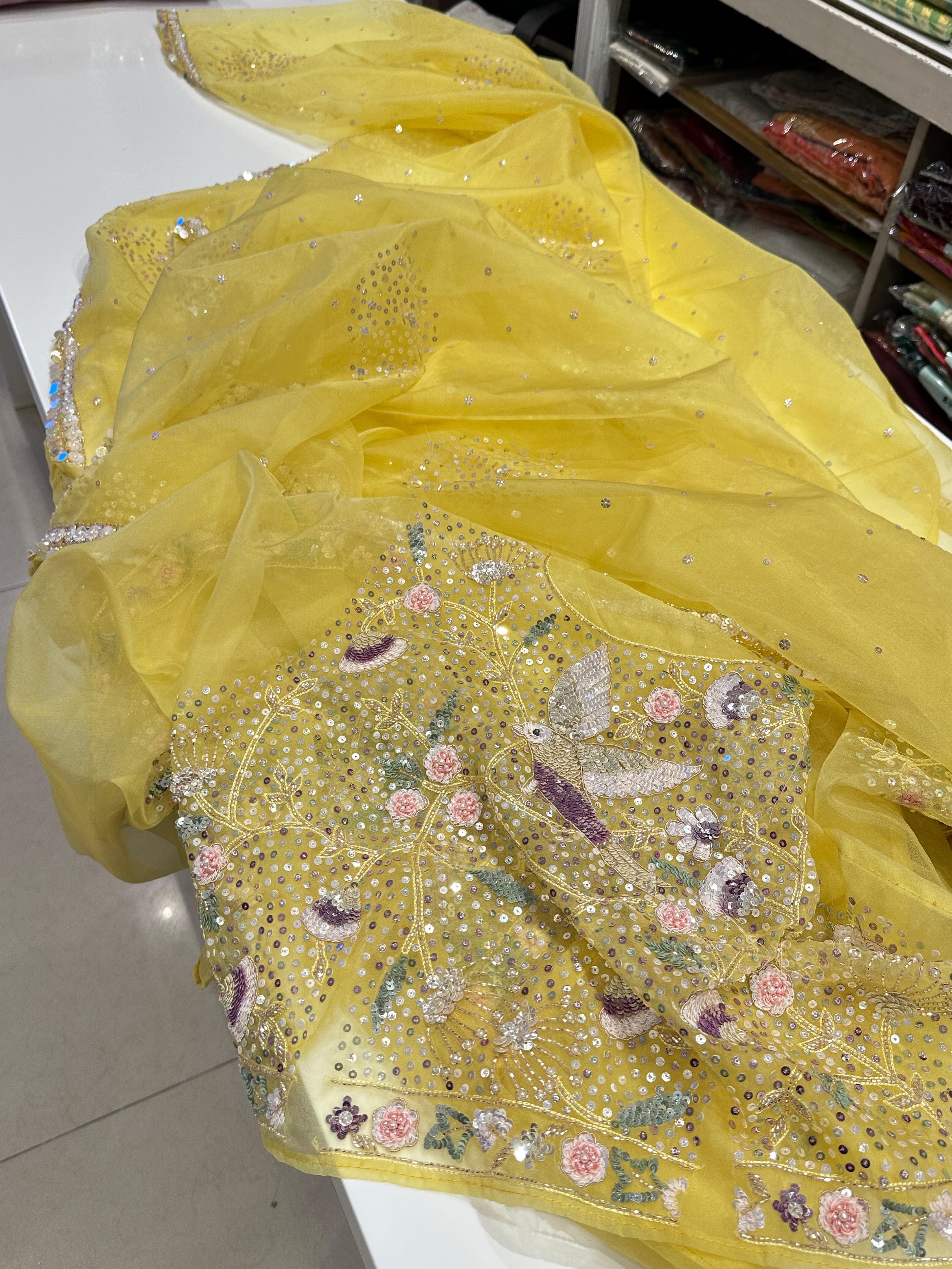 Yellow Organza Sequin Heavy Blouse saree