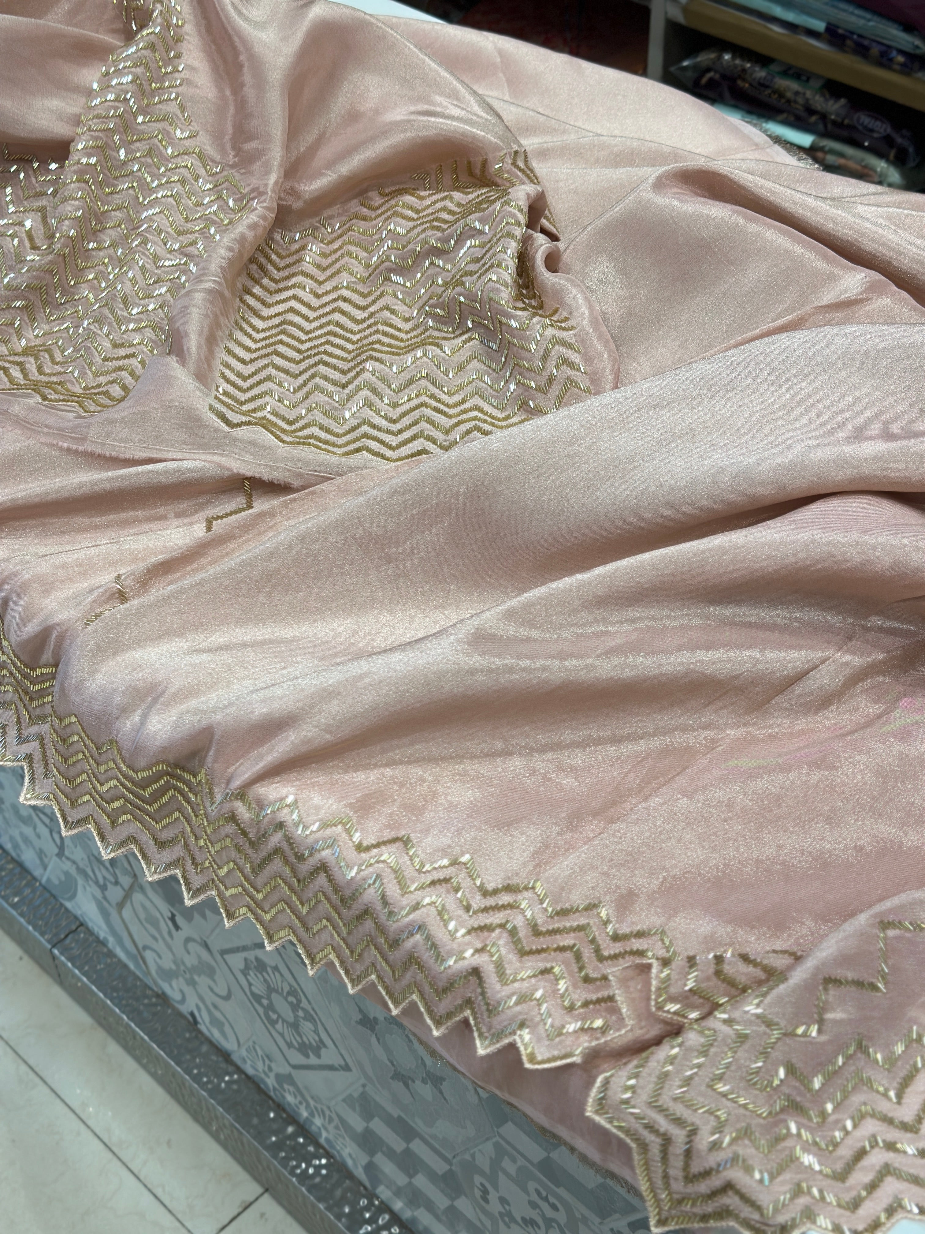 Nude Pink Tissue Chiffon Embroidery Saree