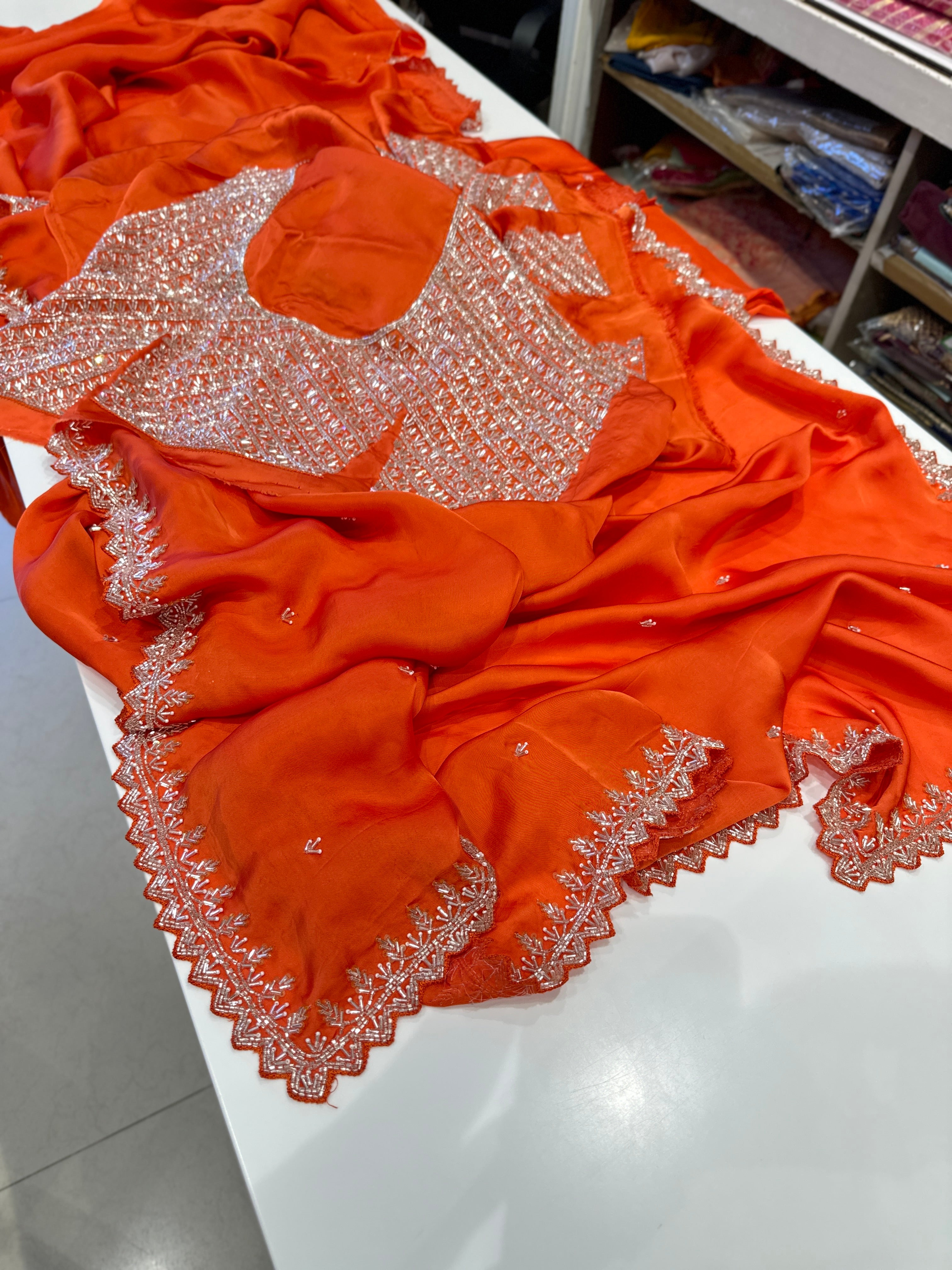 Orange Satin Organza Heavy Blouse Saree