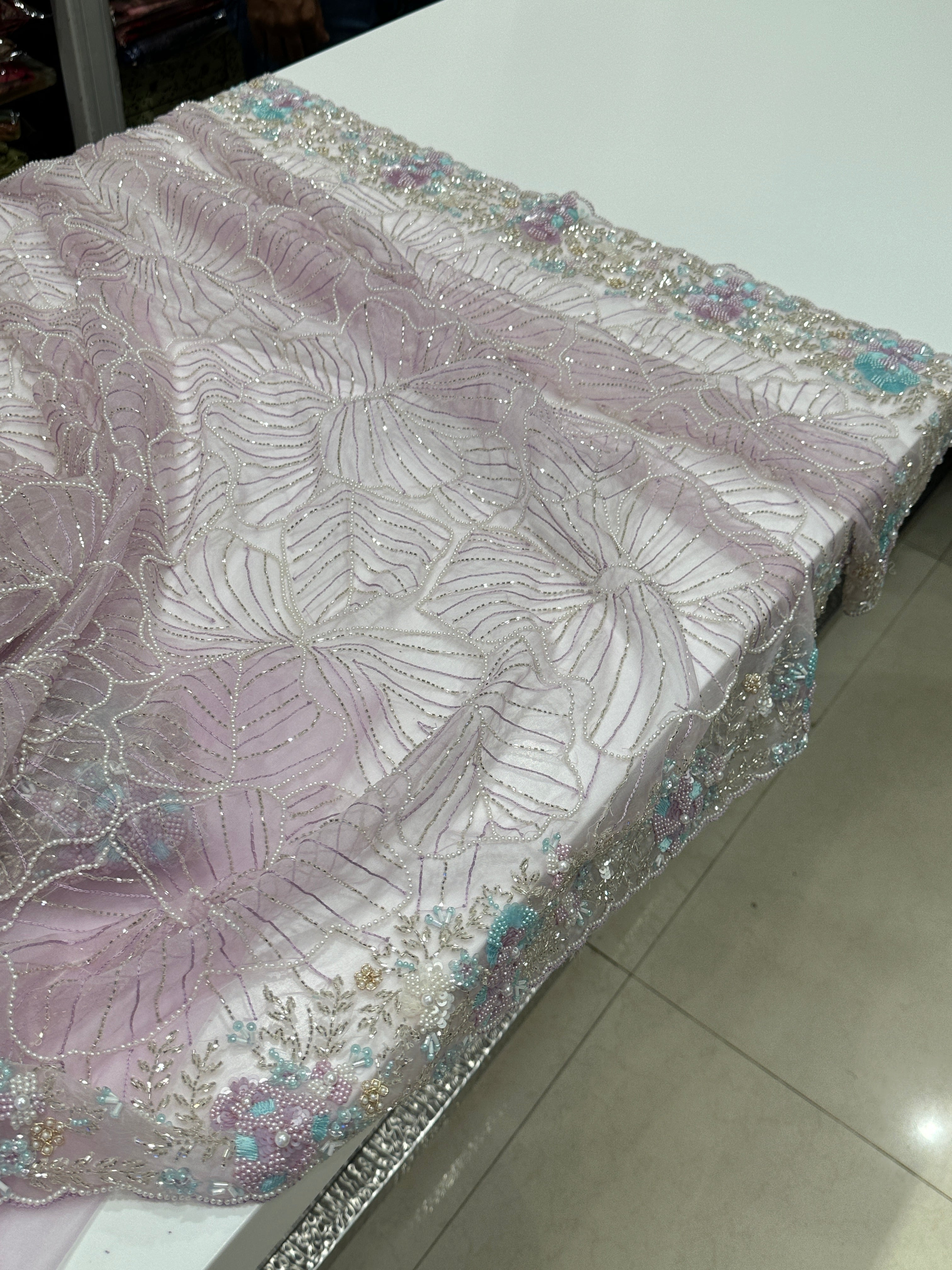 Lilac Moti and Sequin Organza Embroidery Saree