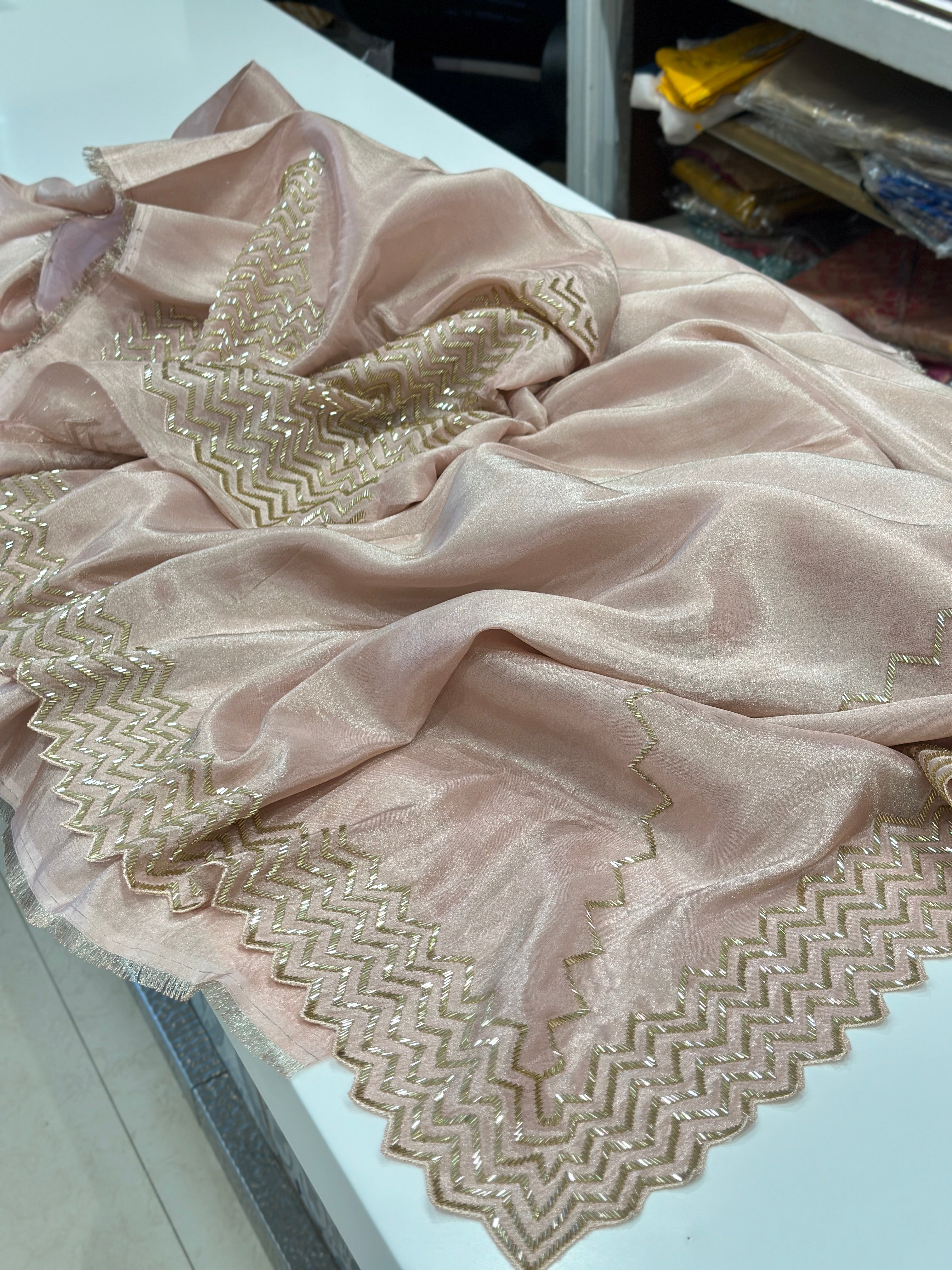 Nude Pink Tissue Chiffon Embroidery Saree