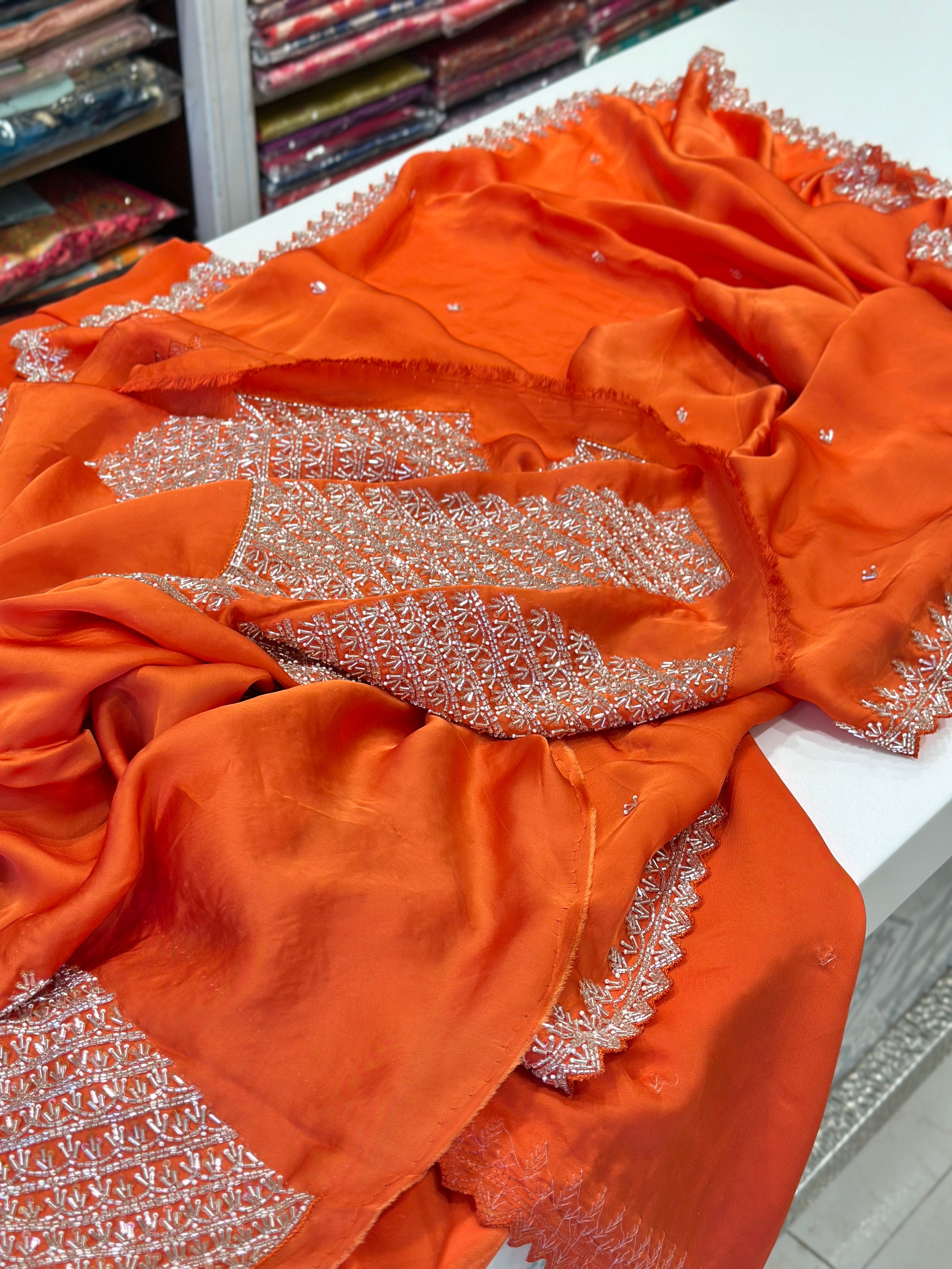 Orange Satin Organza Heavy Blouse Saree