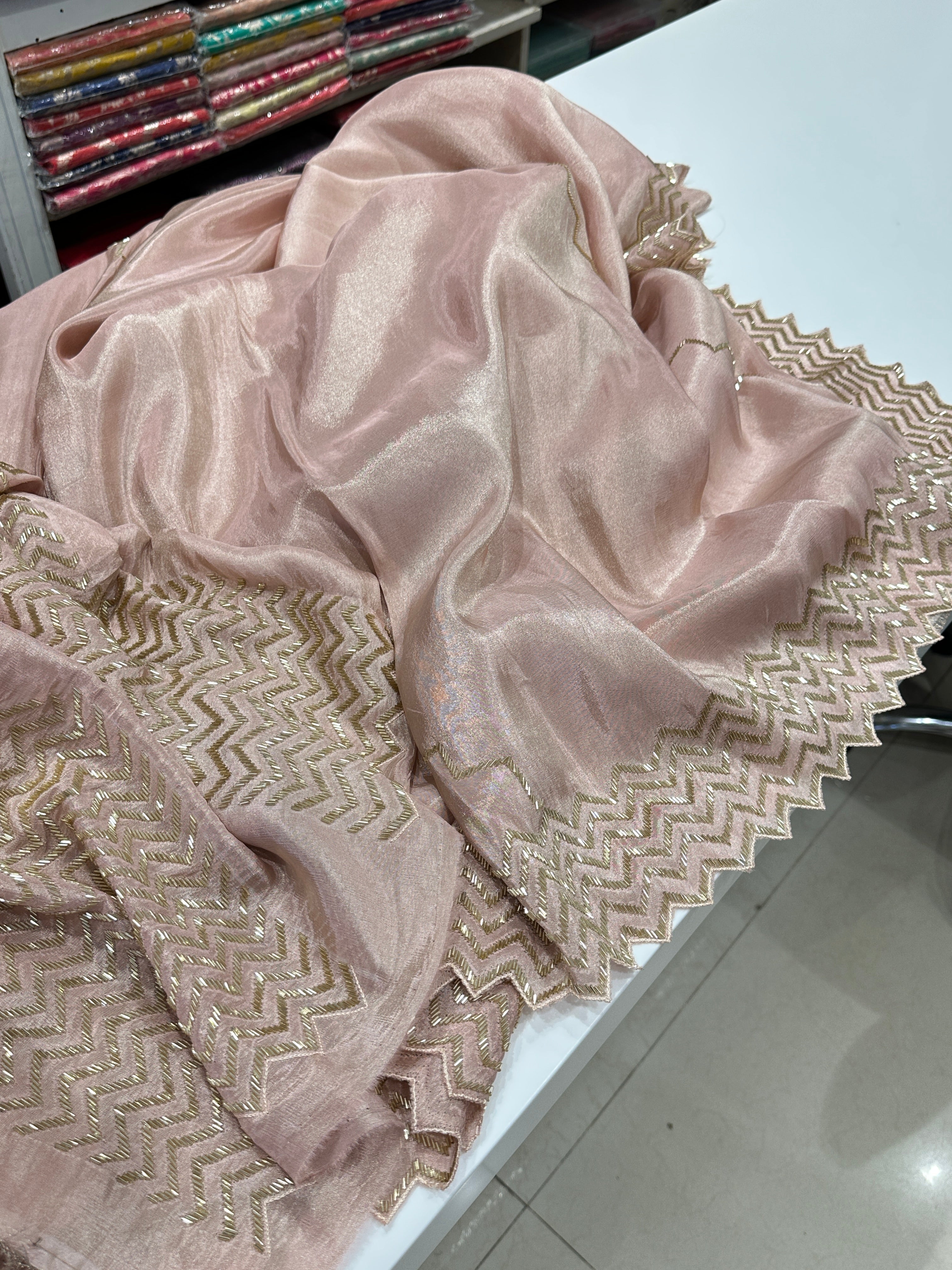 Nude Pink Tissue Chiffon Embroidery Saree