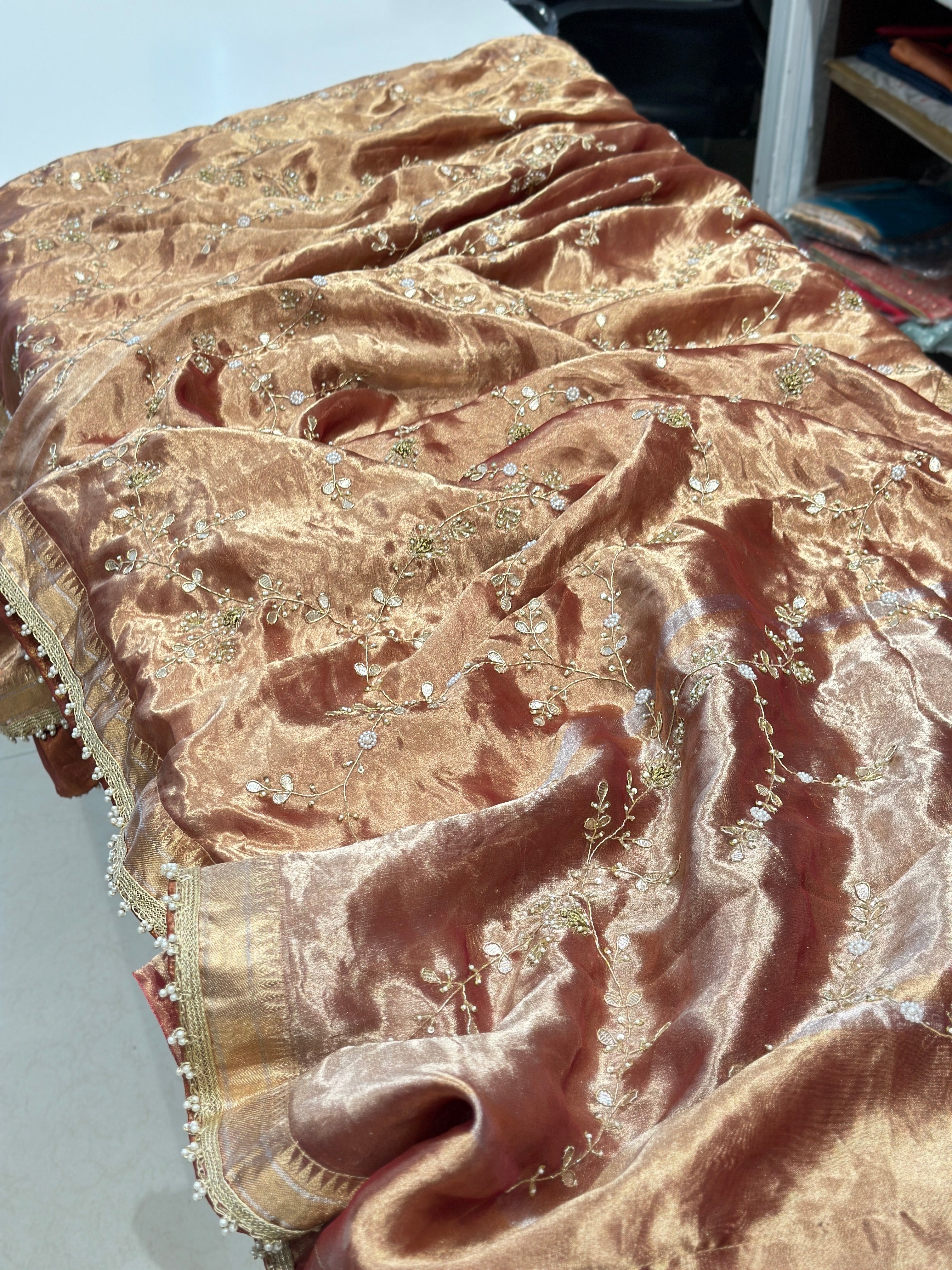 Metallic Red Tissue Zardosi Gotapatti Saree