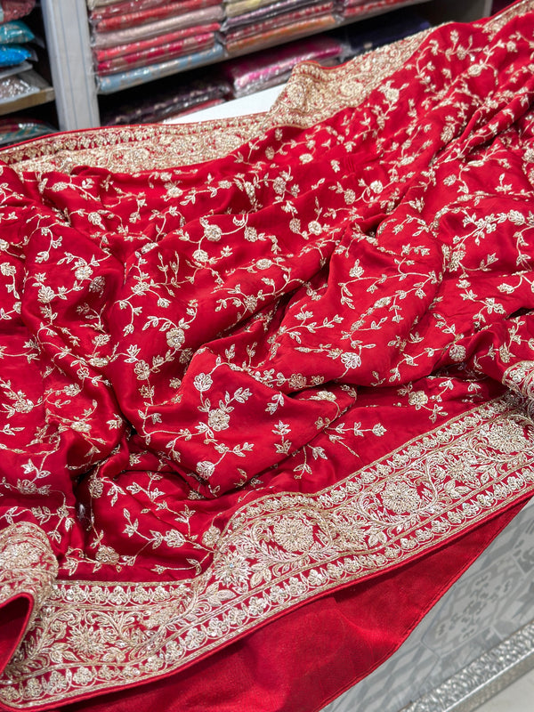 Red Pure Satin Zardosi Saree