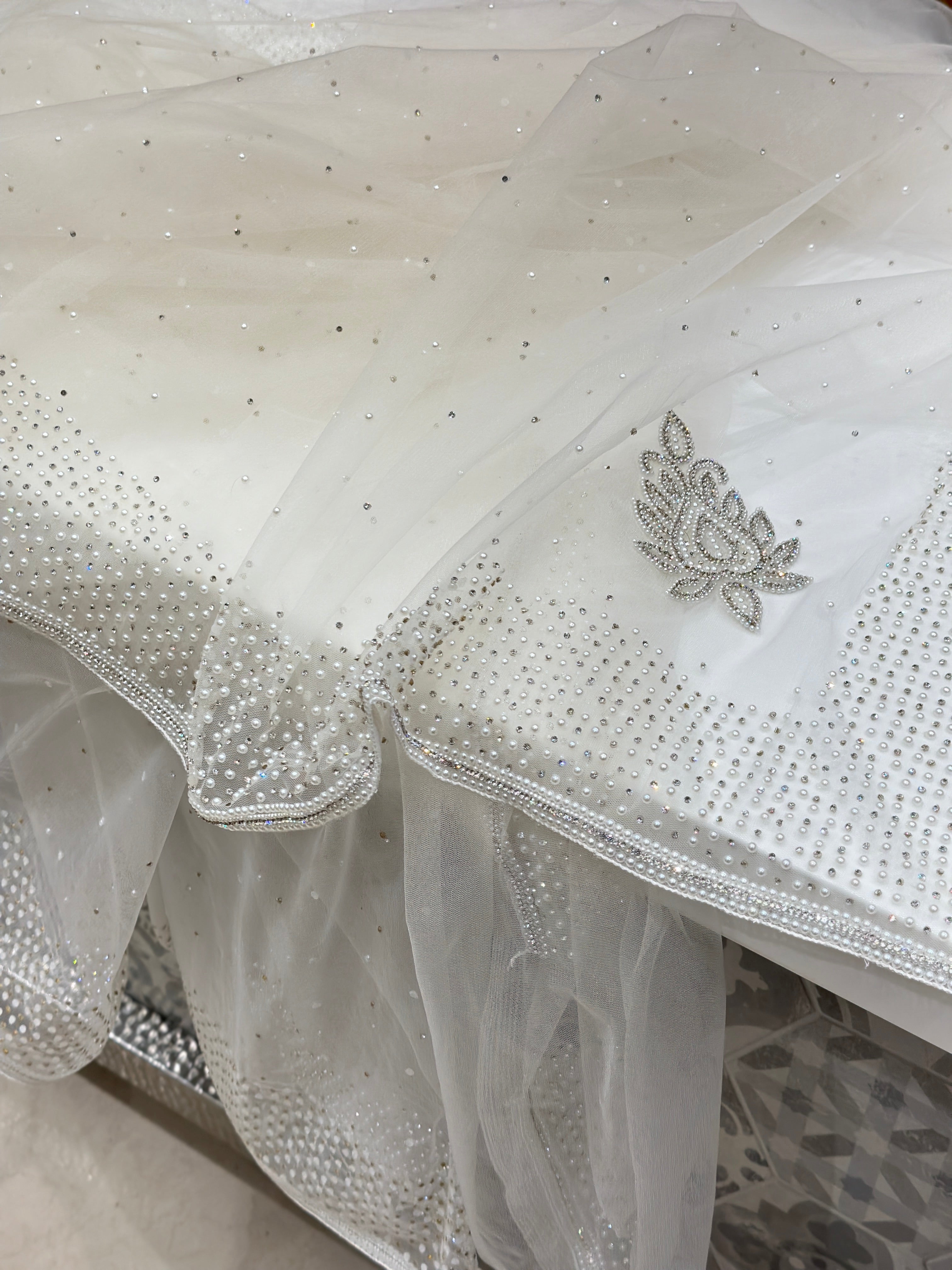 White Soft Net Stones and Motis Sarees