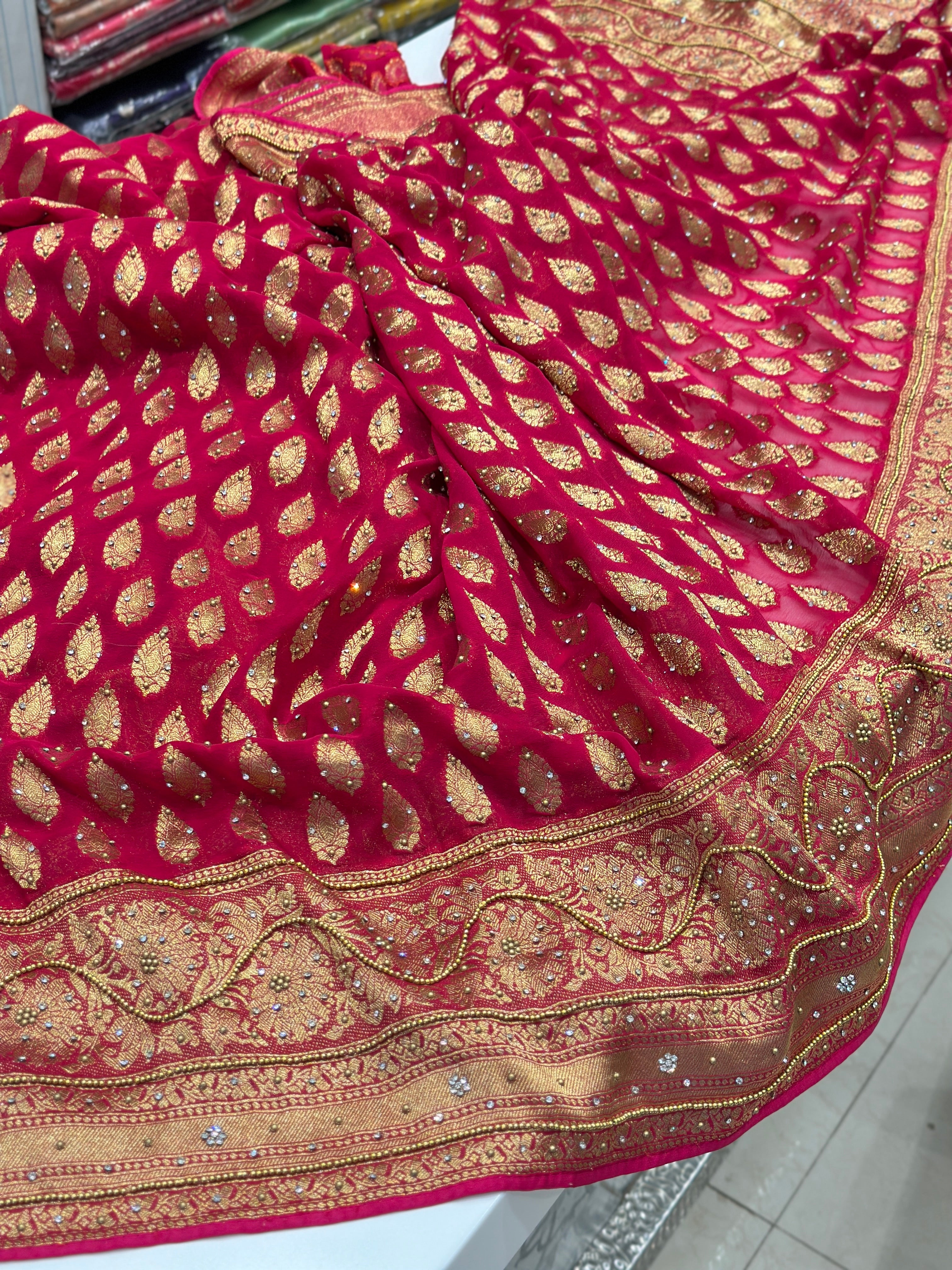 Rani Tilak Buttis Georgette Hand Embroidery Saree