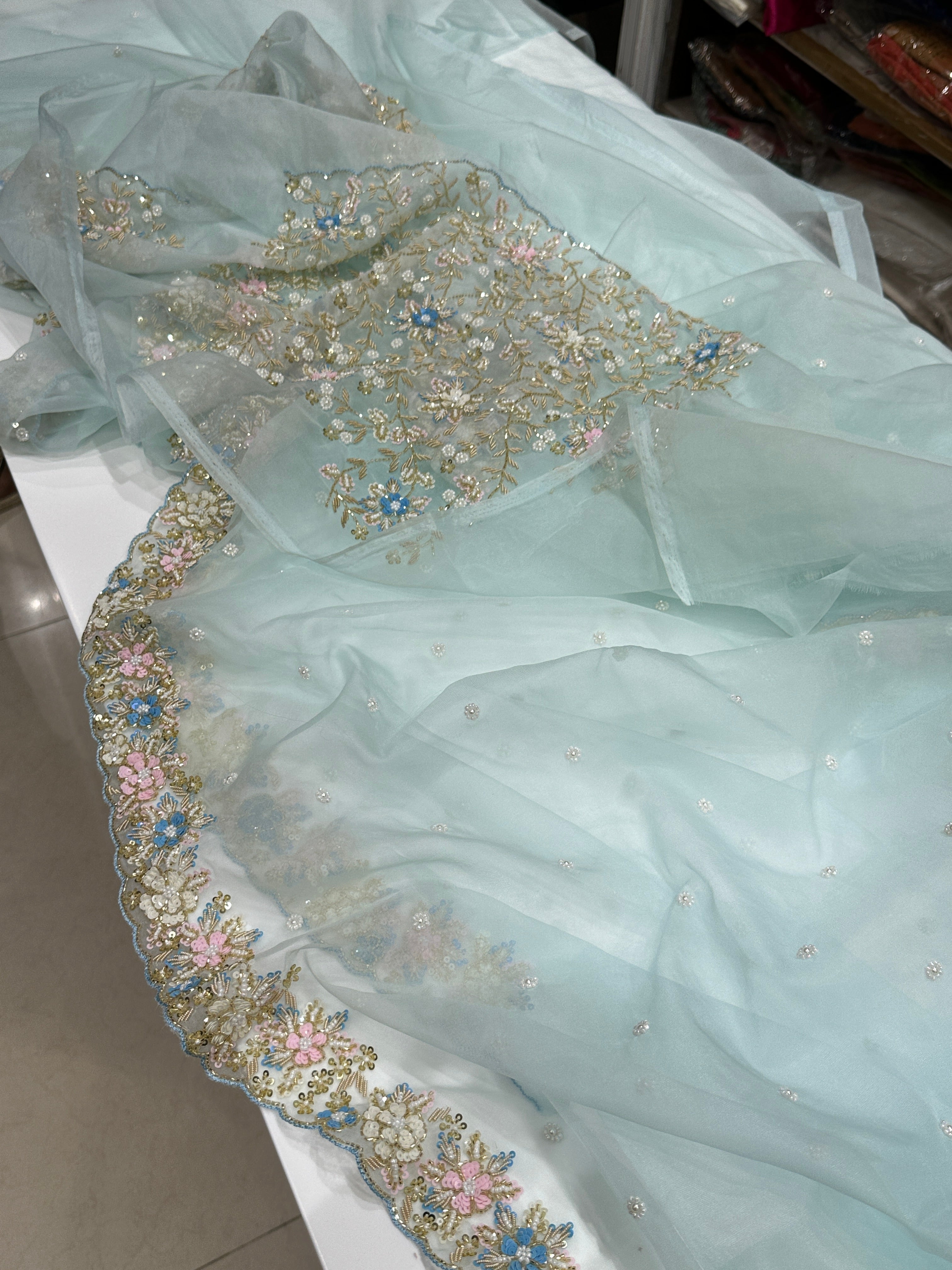 Ice Blue Organza Saree with Heavy Blouse