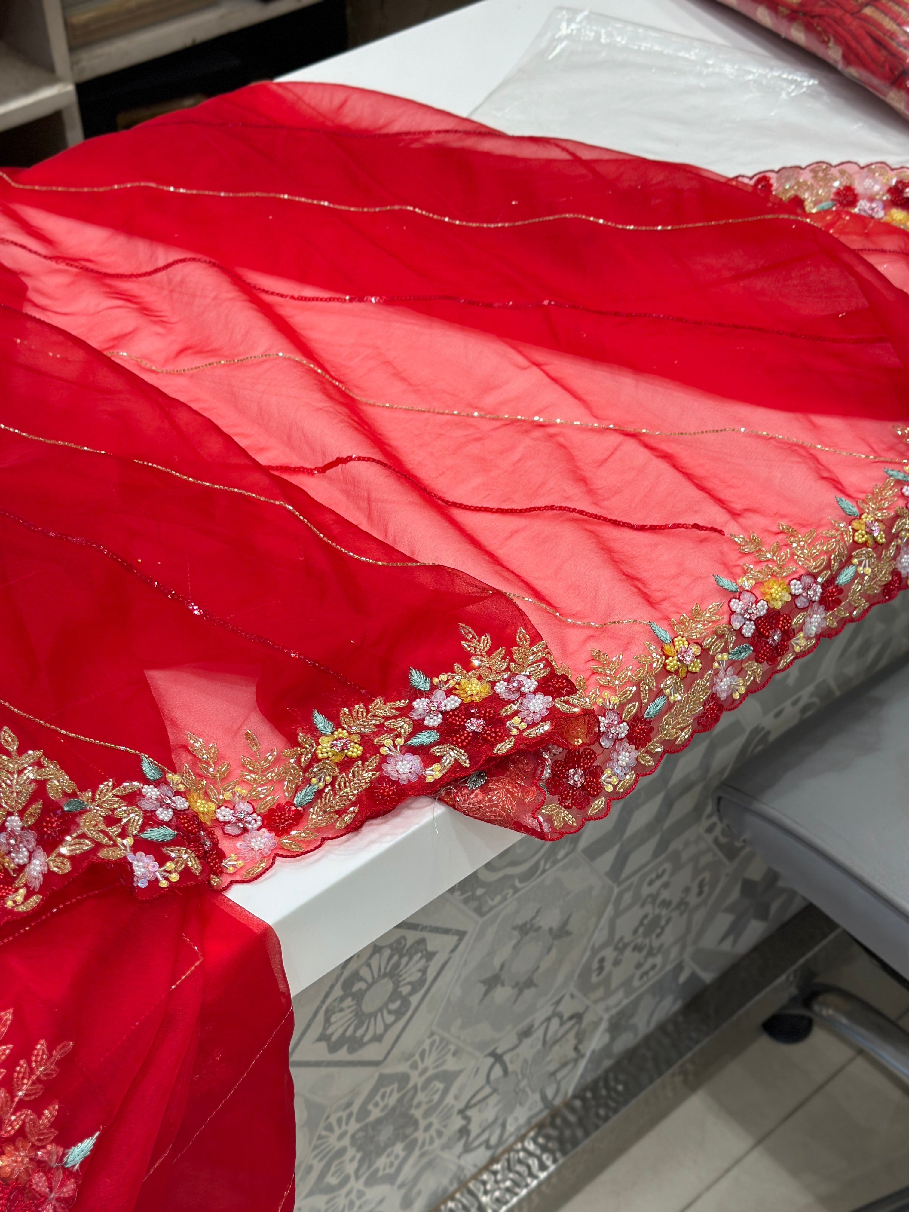 Red Organza Multi Sequin Saree