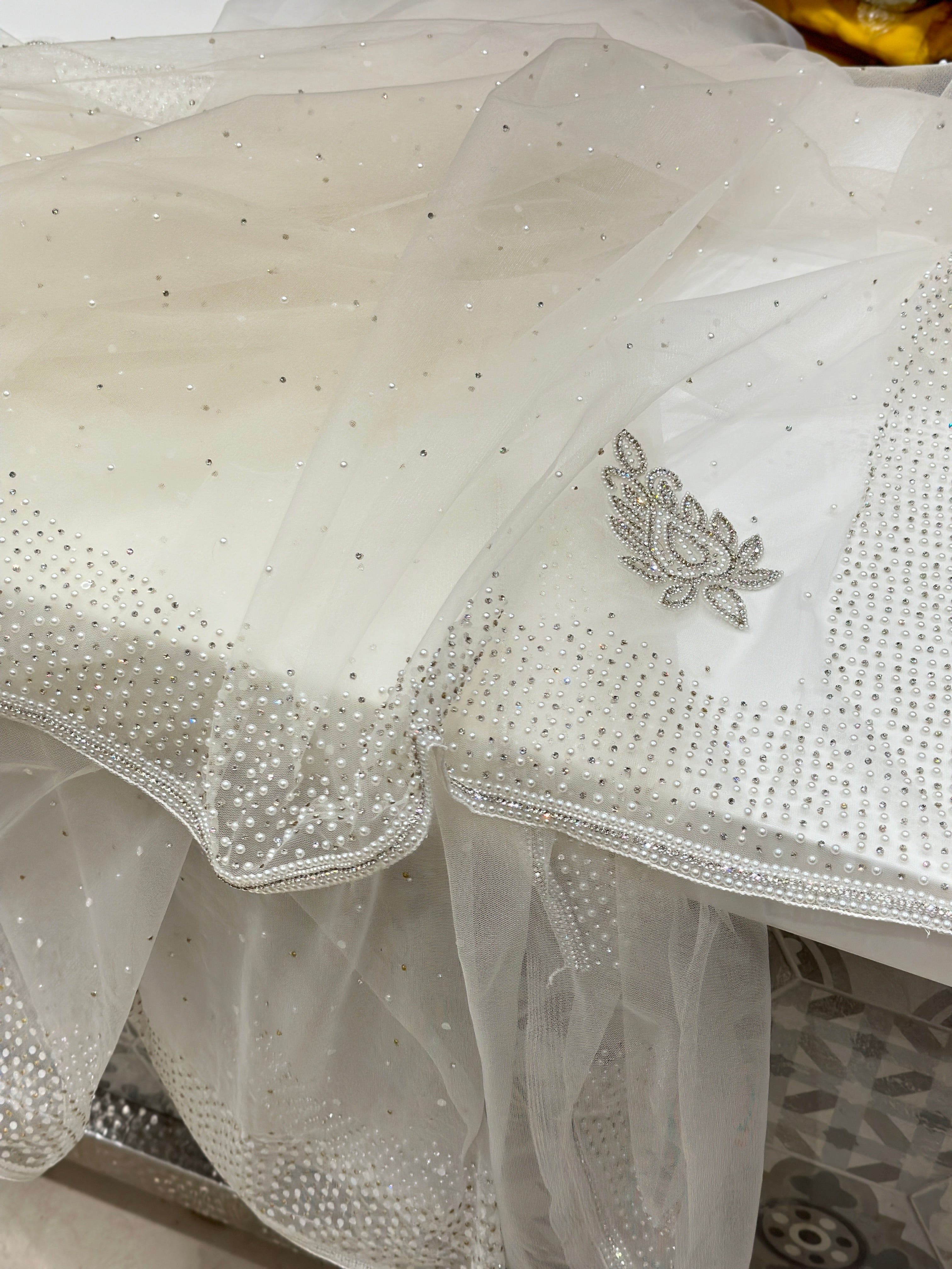 White Soft Net Stones and Motis Sarees