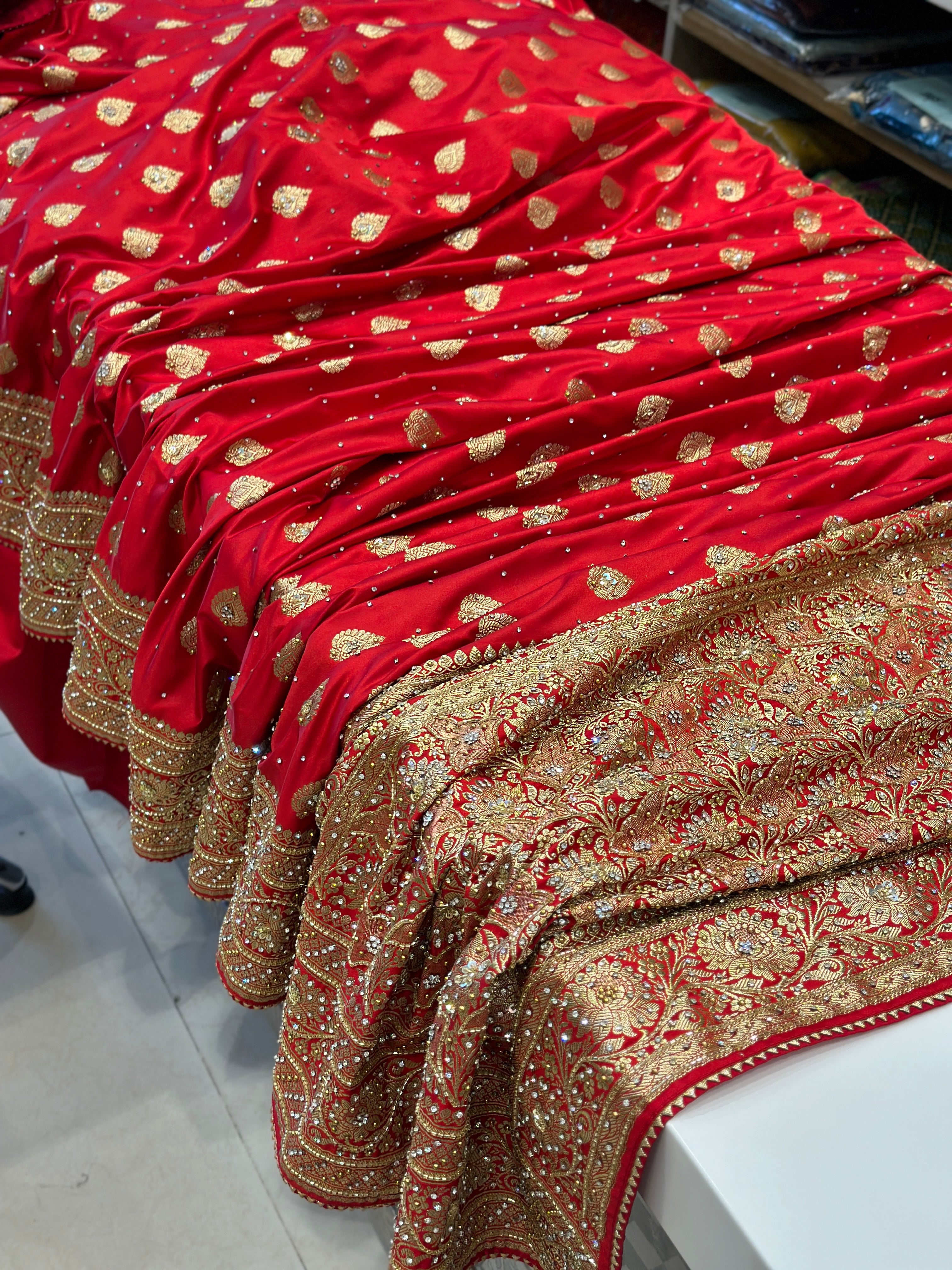 Red Banarasi Silk Saree with Hand Embroidery