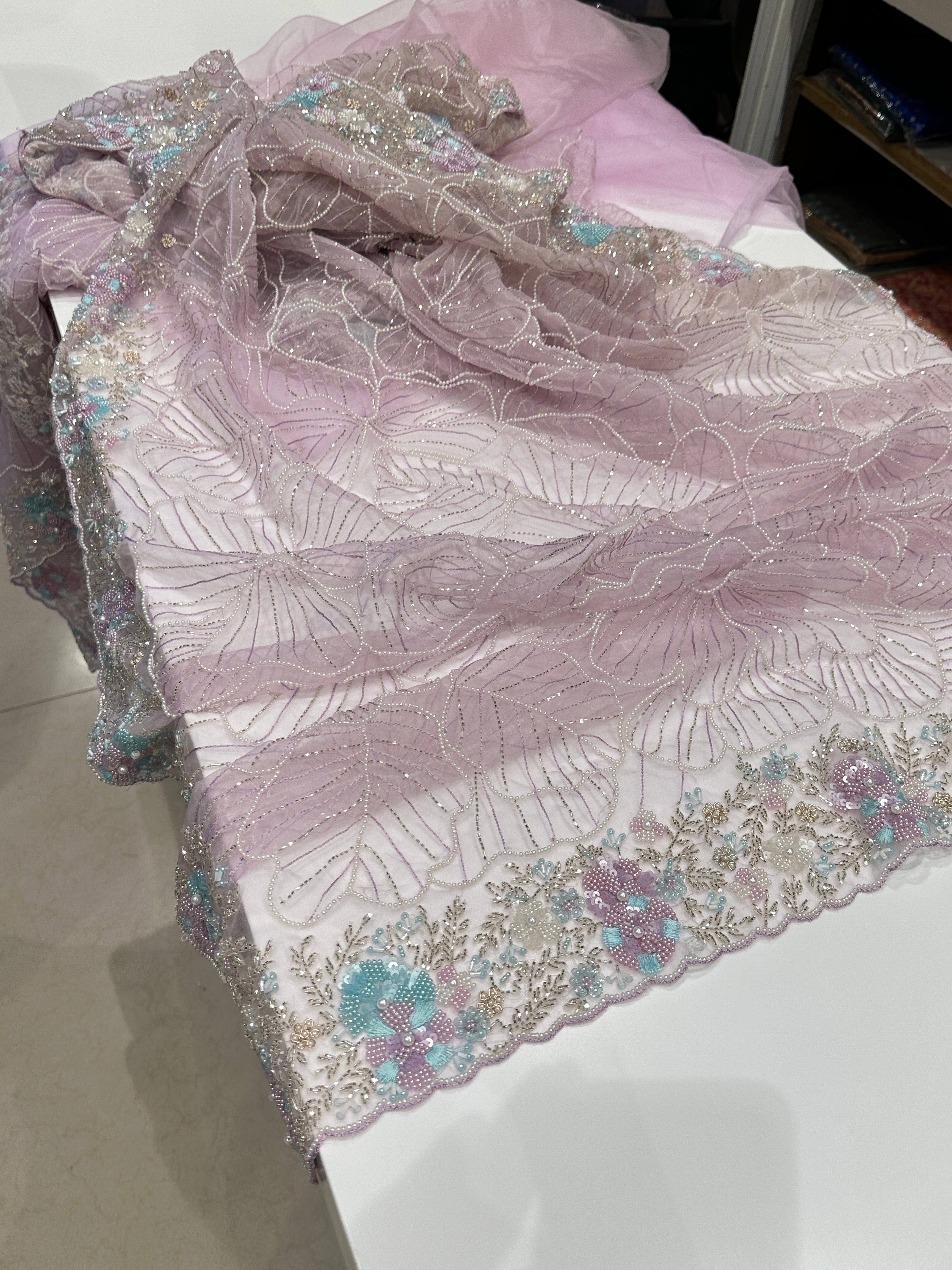 Lilac Moti and Sequin Organza Embroidery Saree