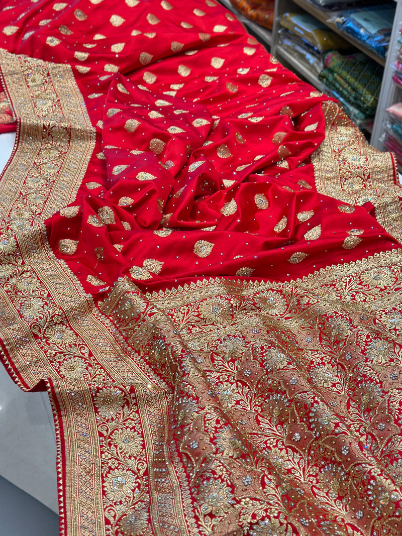 Red Pure Banarasi Handloom Katan Silk Saree - Aura Benaras