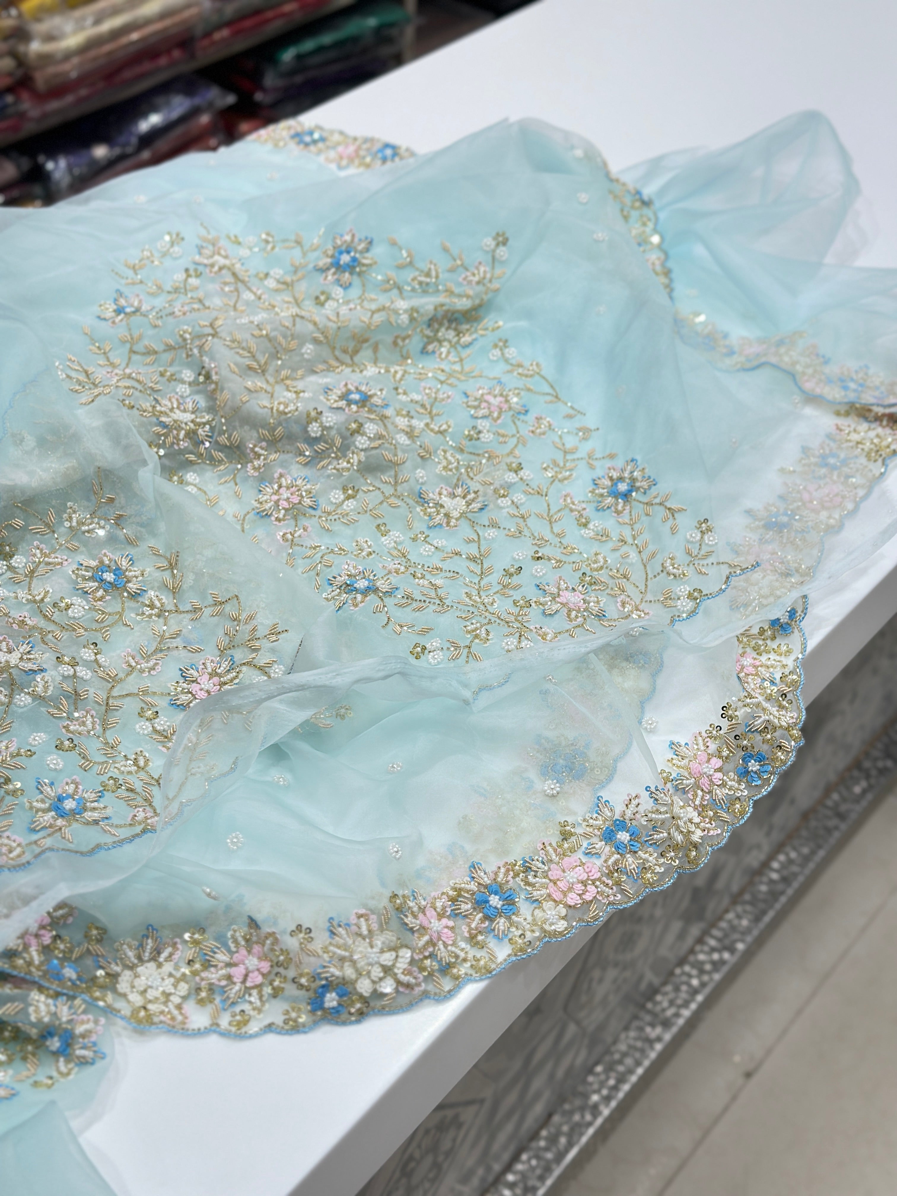Ice Blue Organza Saree with Heavy Blouse