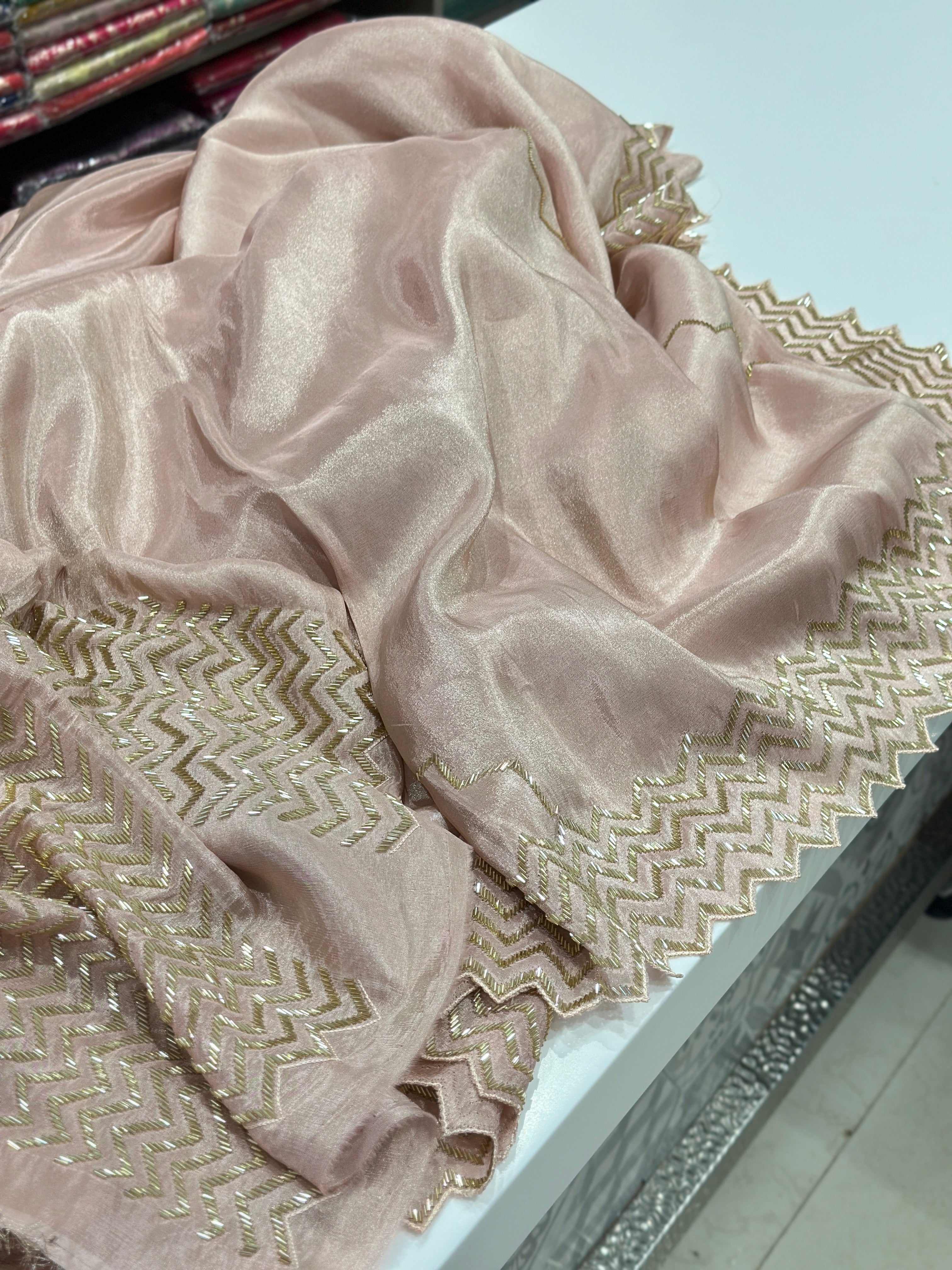 Nude Pink Tissue Chiffon Embroidery Saree