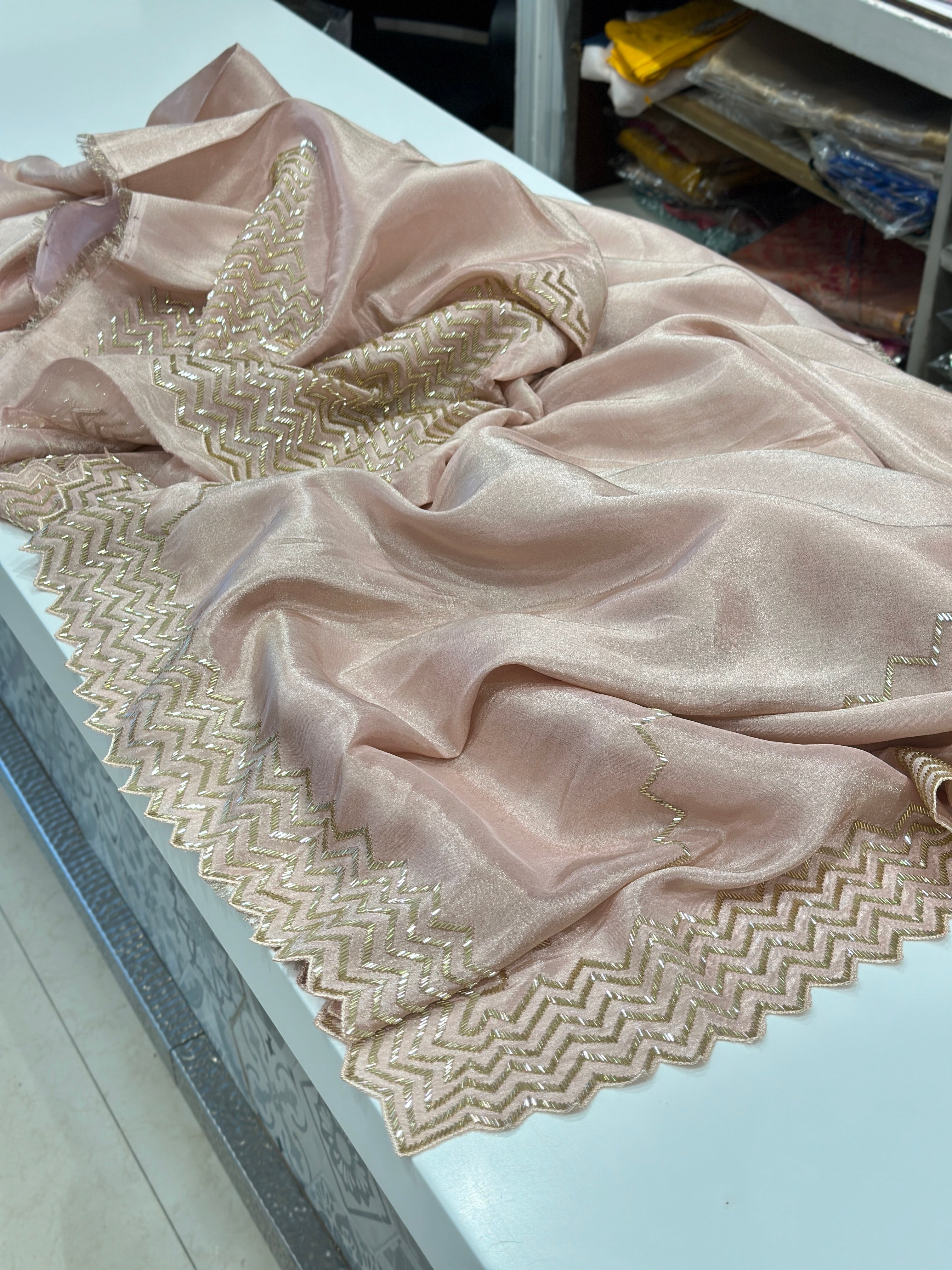 Nude Pink Tissue Chiffon Embroidery Saree