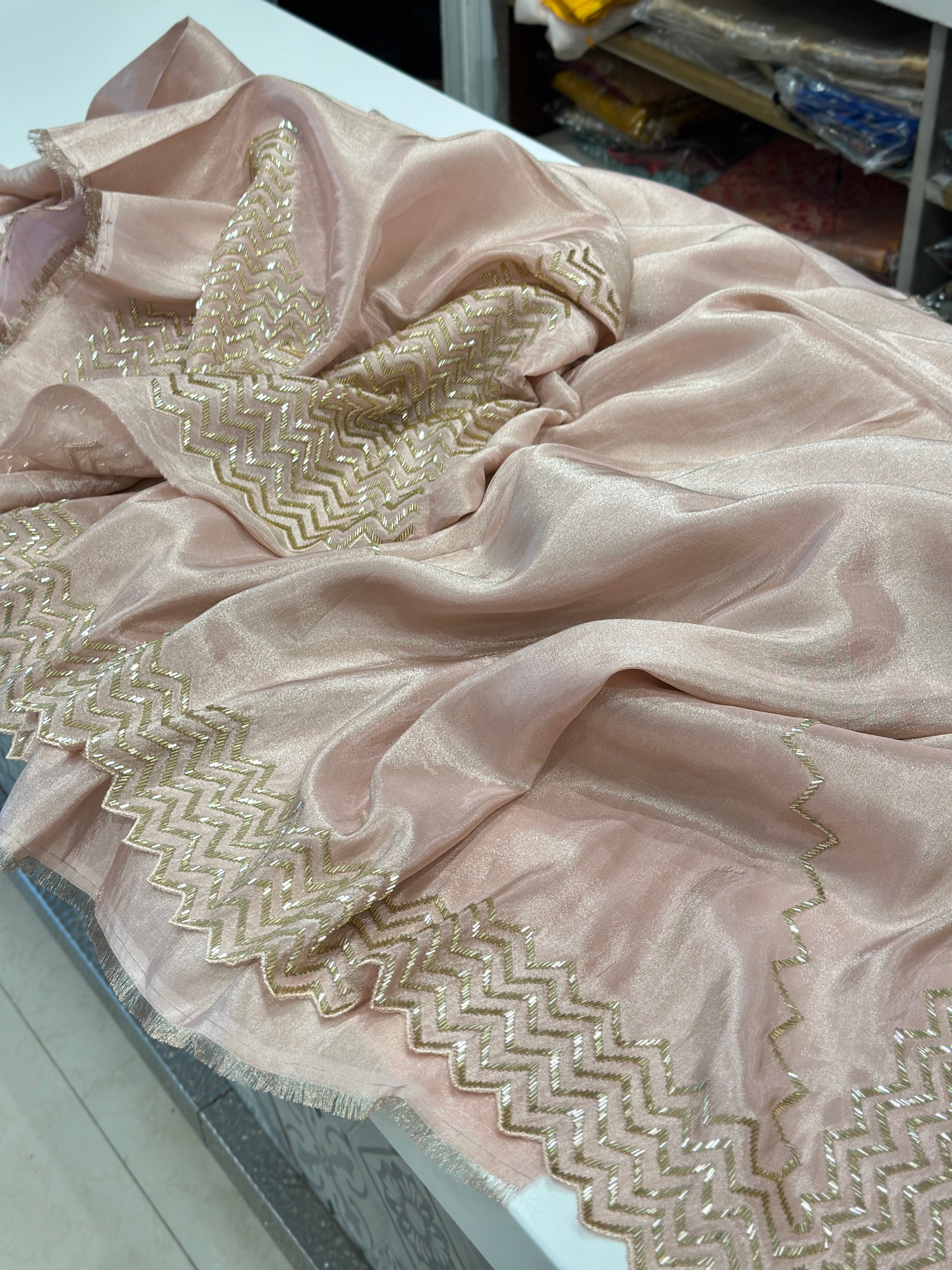 Nude Pink Tissue Chiffon Embroidery Saree