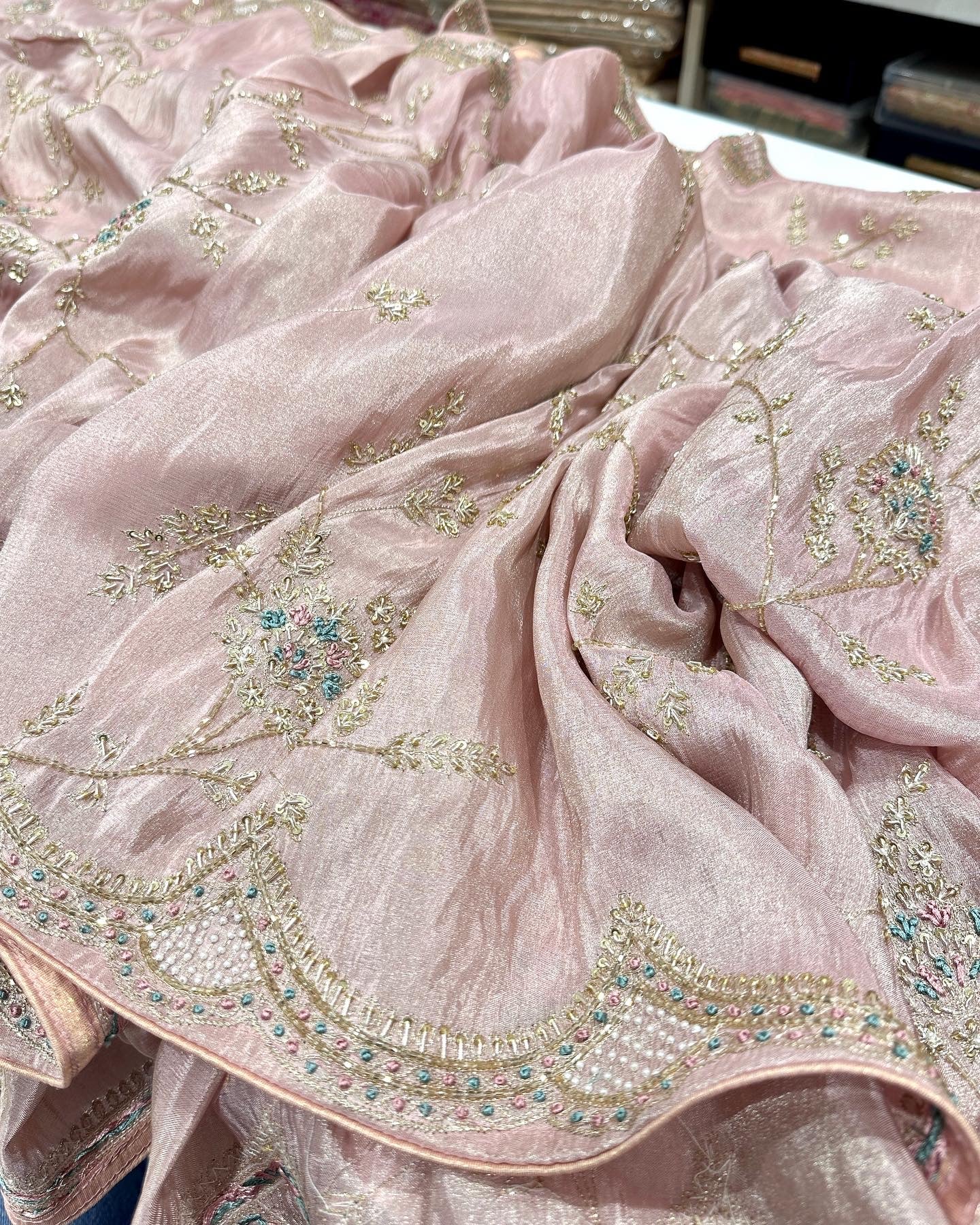 Pink Crepe Tissue Embroidery Saree