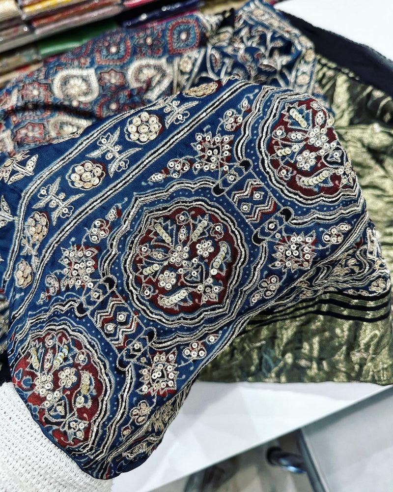 Blue - Ajrakh Print Hand Embroidery Cotton Blouse Piece 05