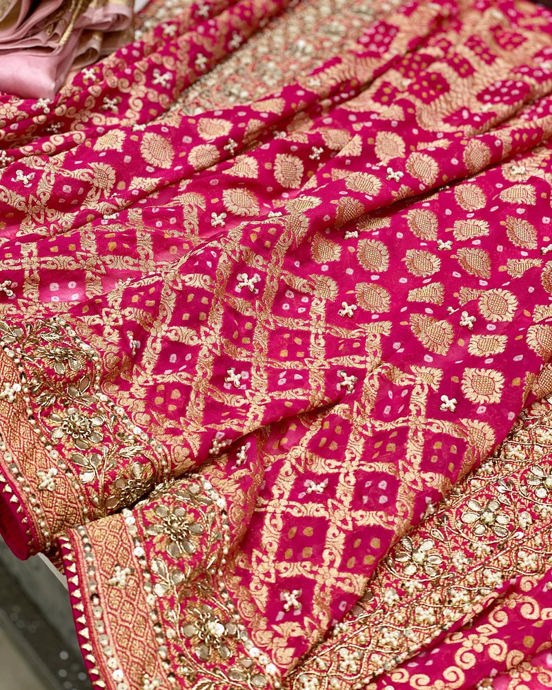 Pink Hand Embroidery Bandhej Dupatta