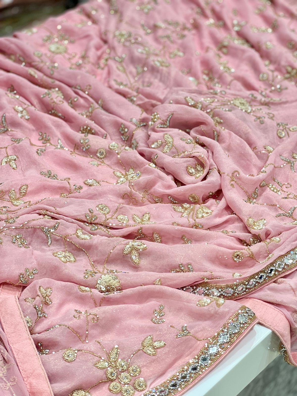 Pink Tissue Chiffon Hand Embroidery Saree