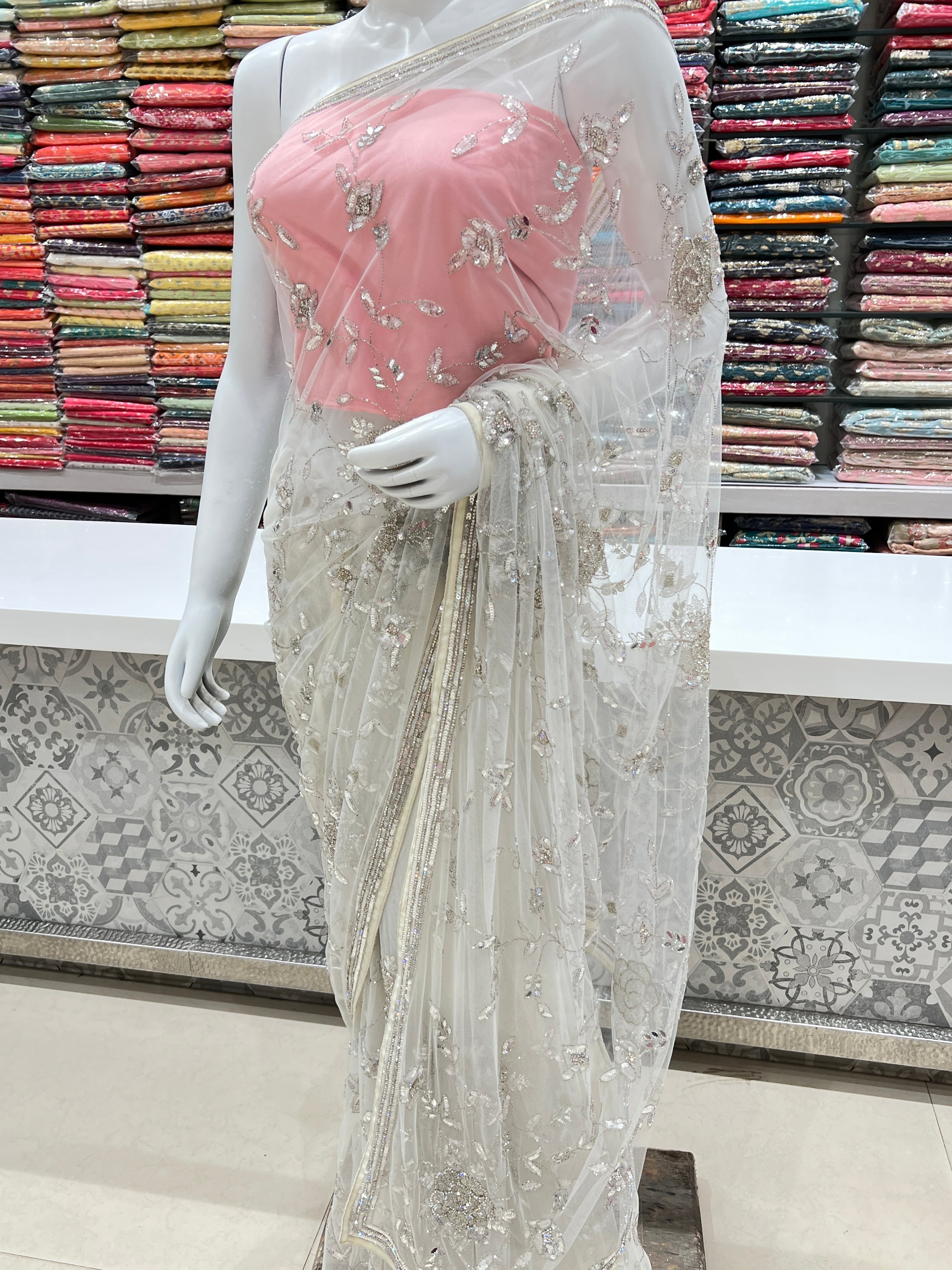 White Net Embroidery Saree