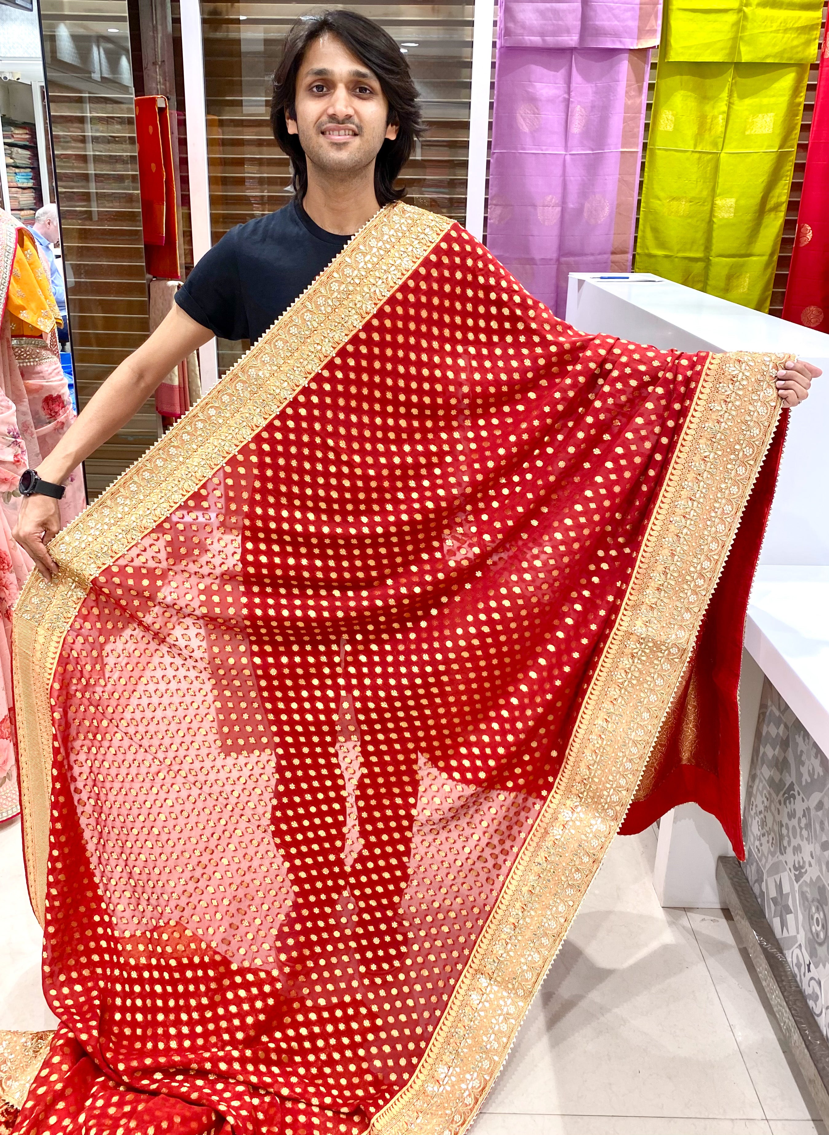 Red Banarasi Georgette Multi Pattern Butti with Gotapatti