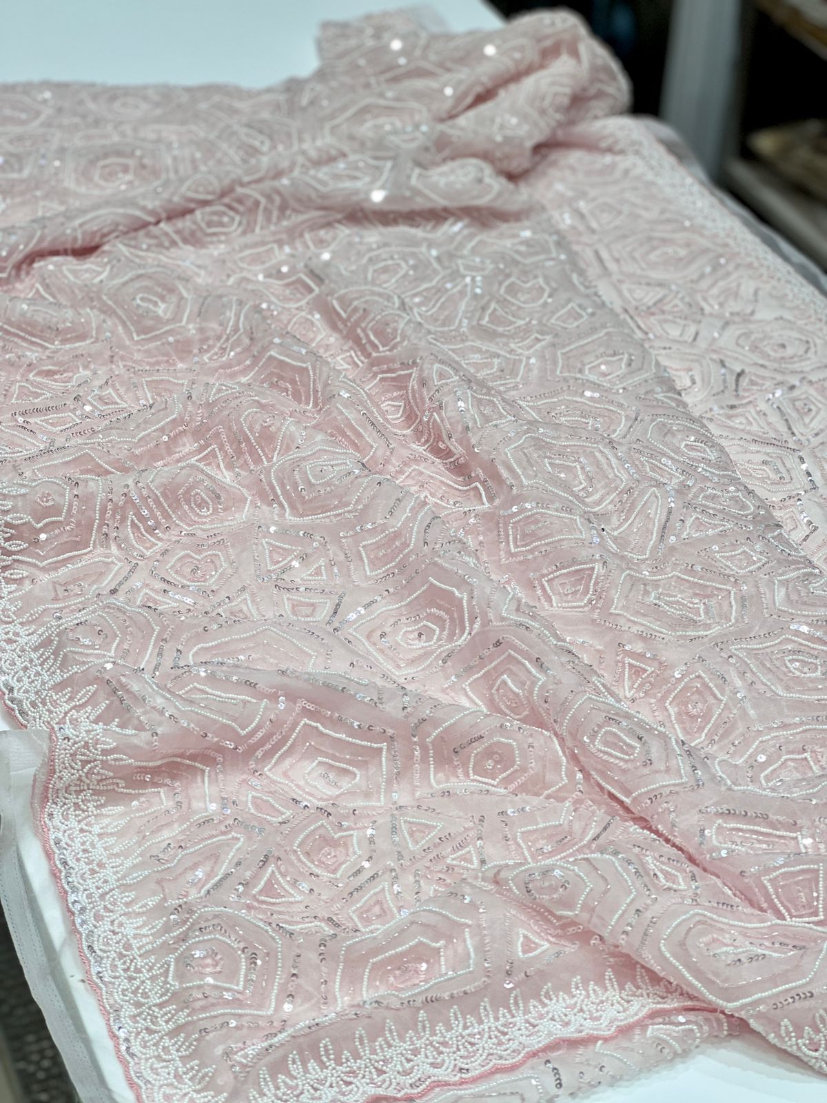 Pink Organza Moti Sequin Embroidery Saree