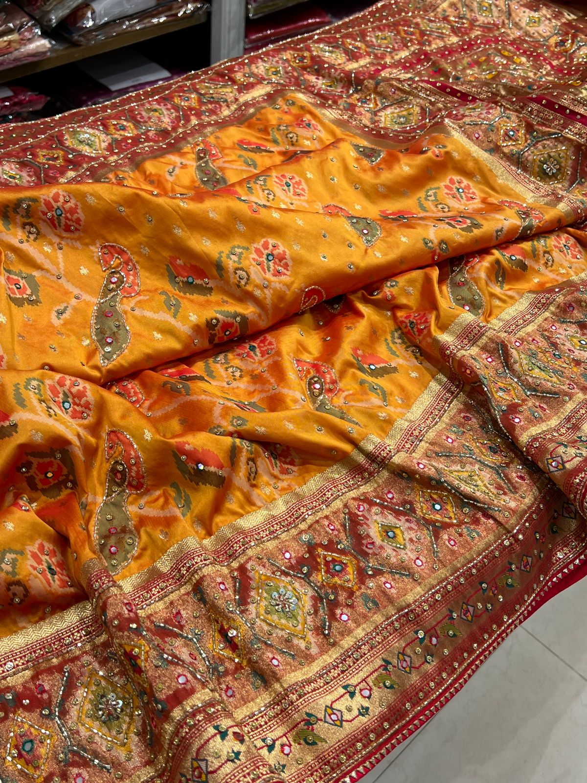 Mustard Patola Saree with Hand Embroidery