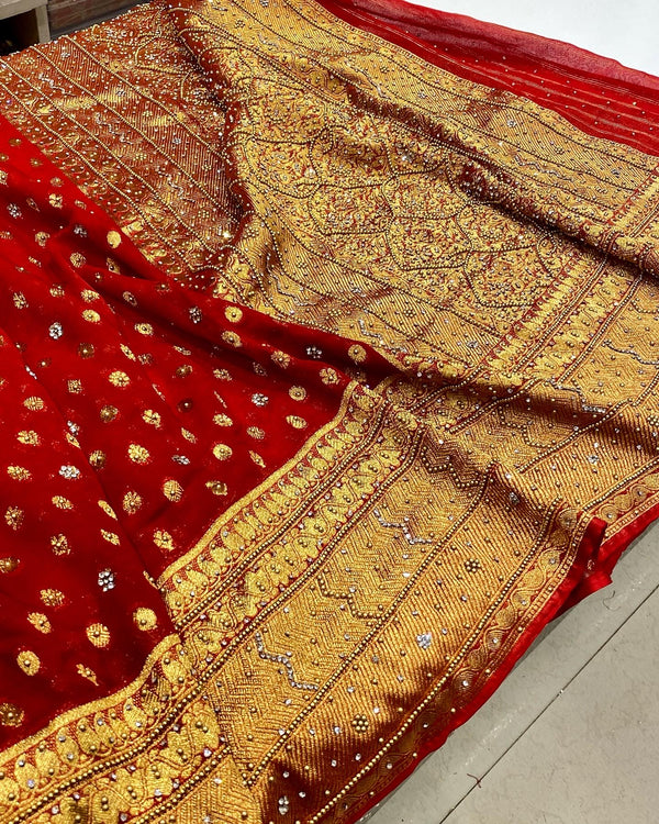 Red Georgette buttis with Hand done Motis