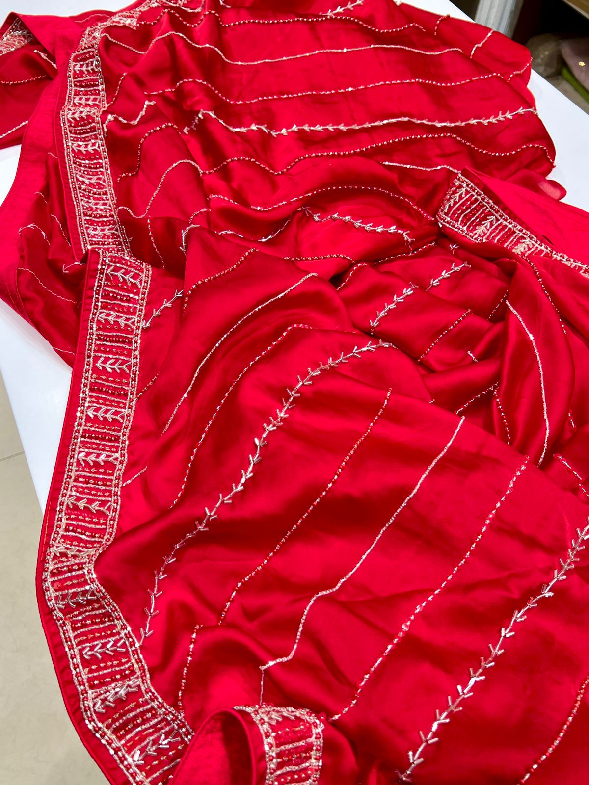 Red Satin Organza Hand Embroidery