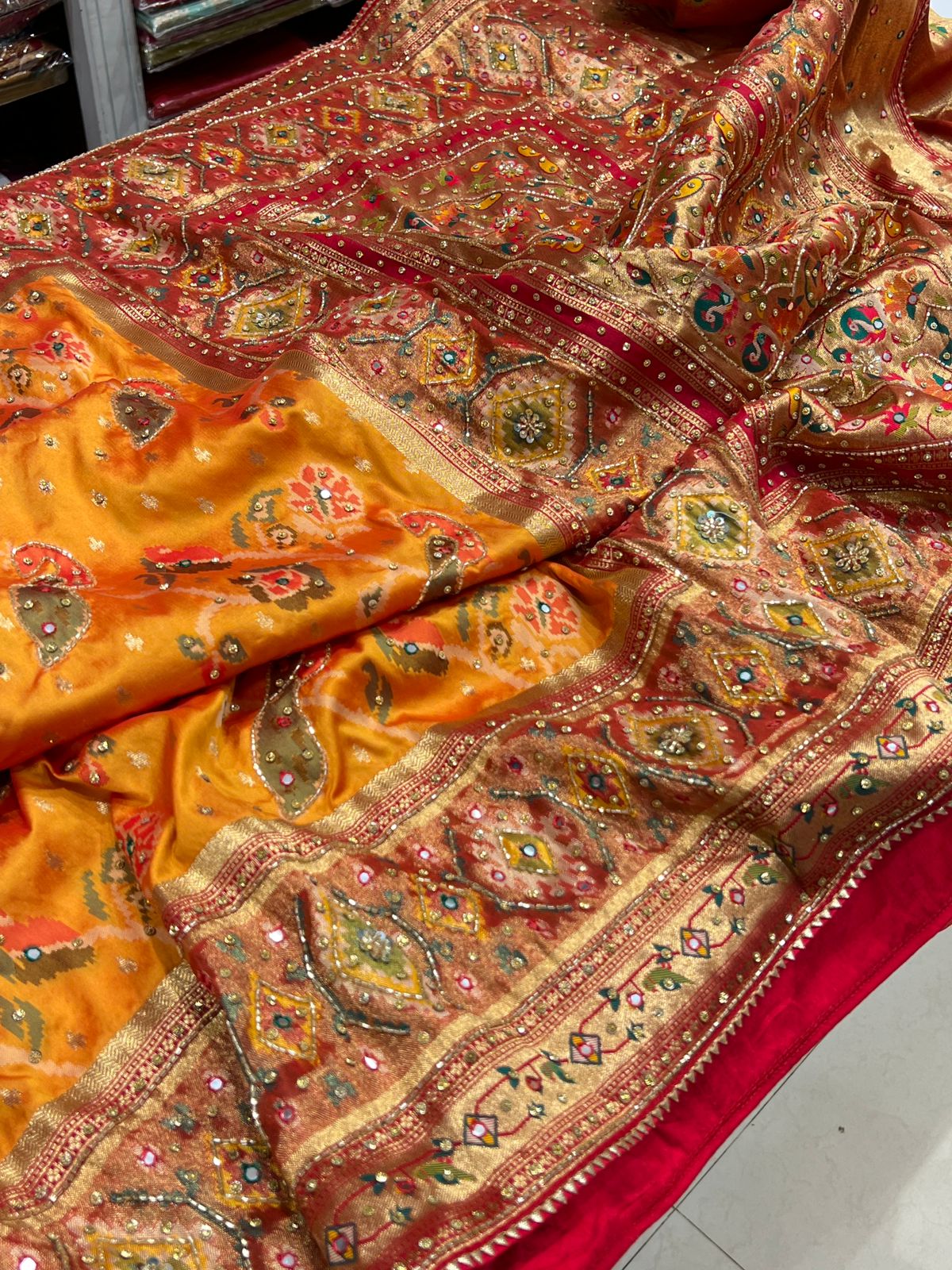 Mustard Patola Saree with Hand Embroidery