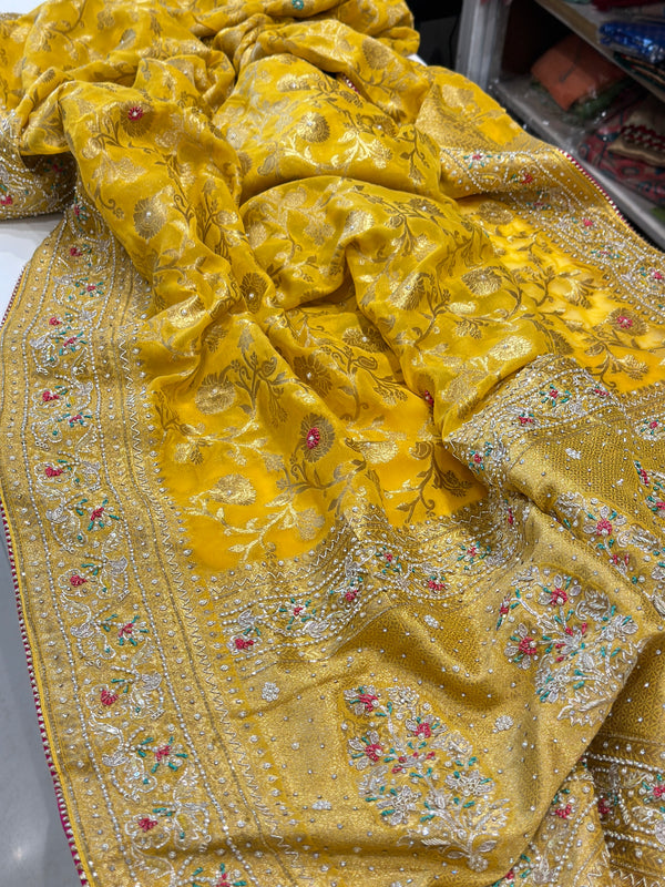 Yellow Banarasi Khaddi Georgette Embroidery Saree