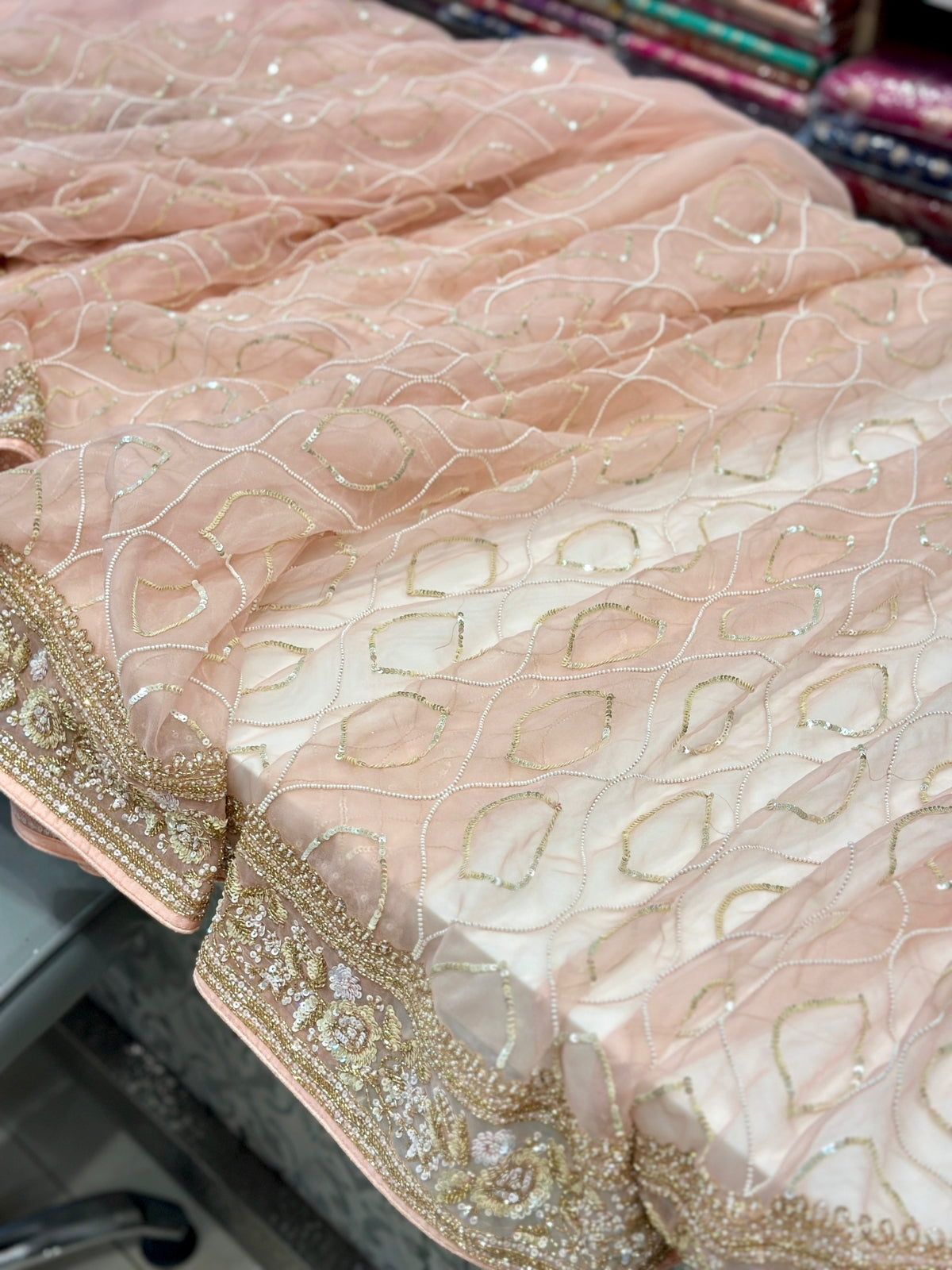 Nude Pink Organza Embroidery Saree