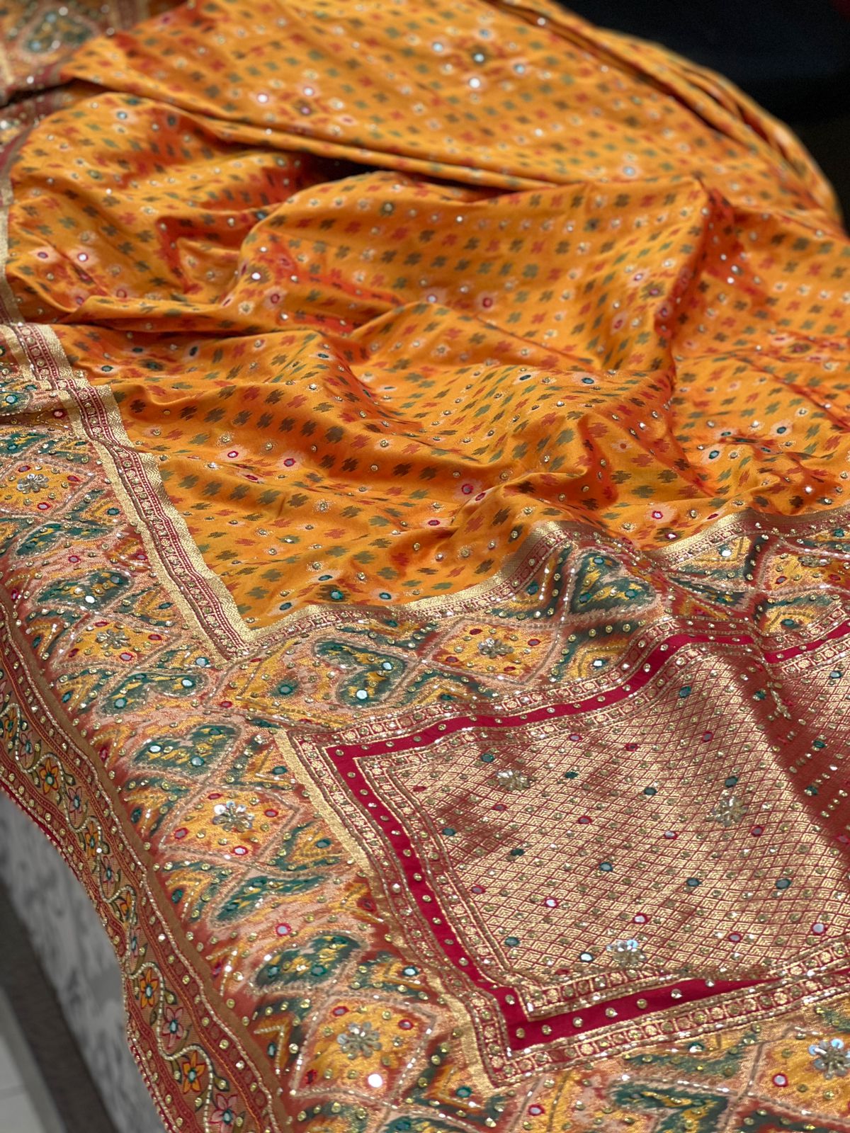 Mustard Patola Kutchi Embroidery Saree