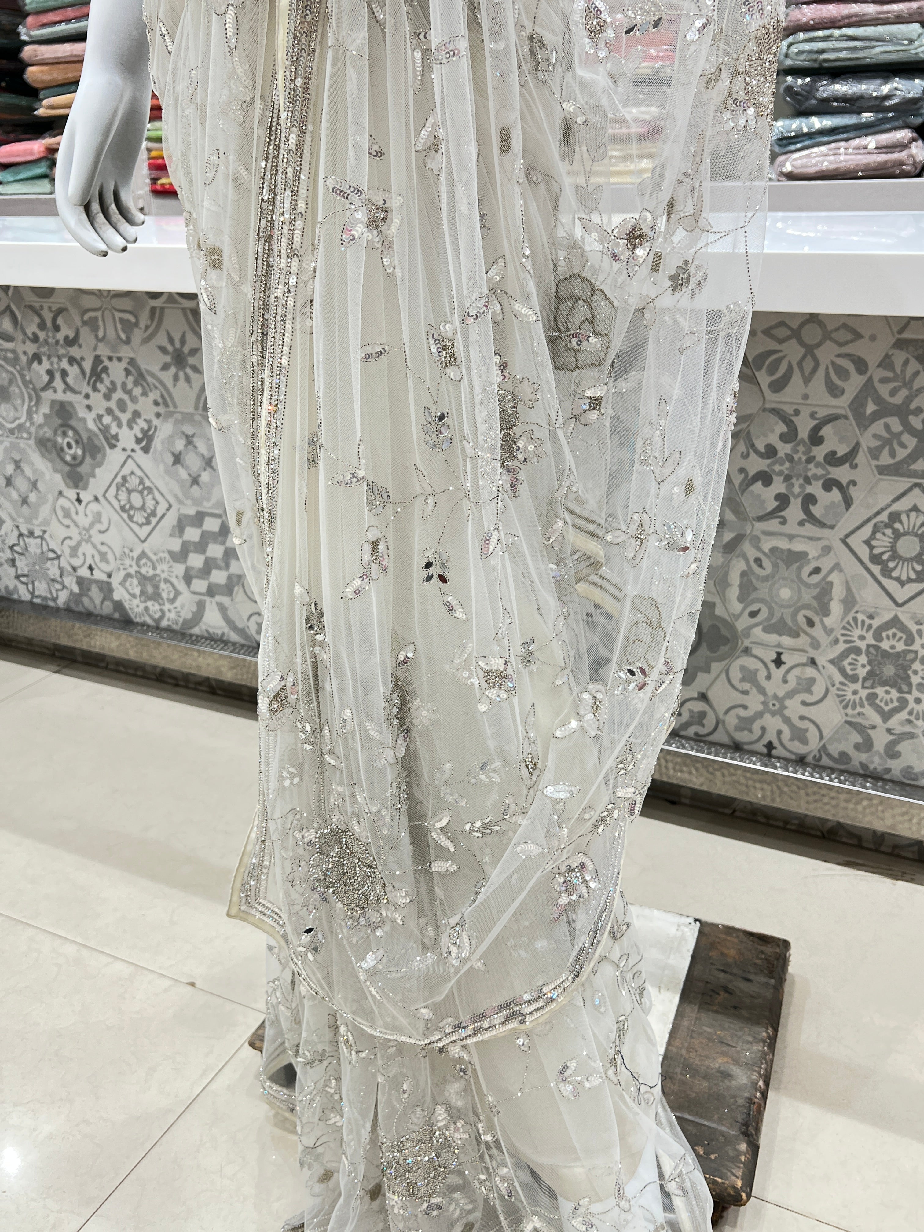 White Net Jaal Embroidery Saree