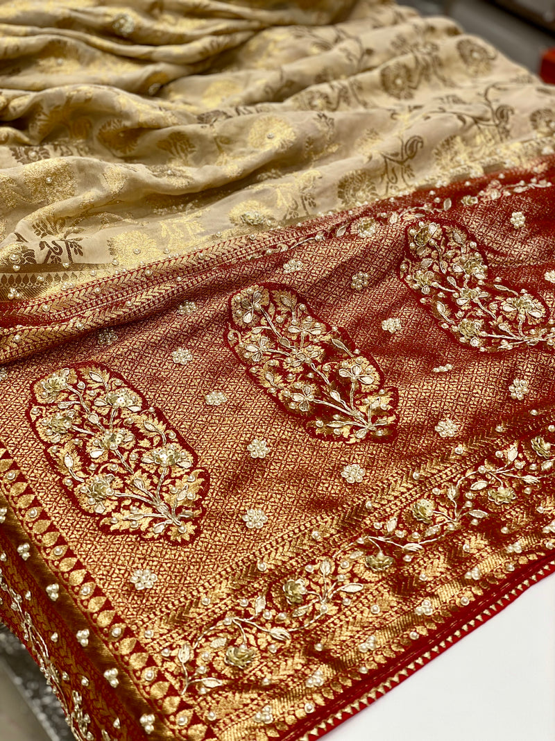 Beige with Red Hand Embroidery Khaddi Georgette Saree