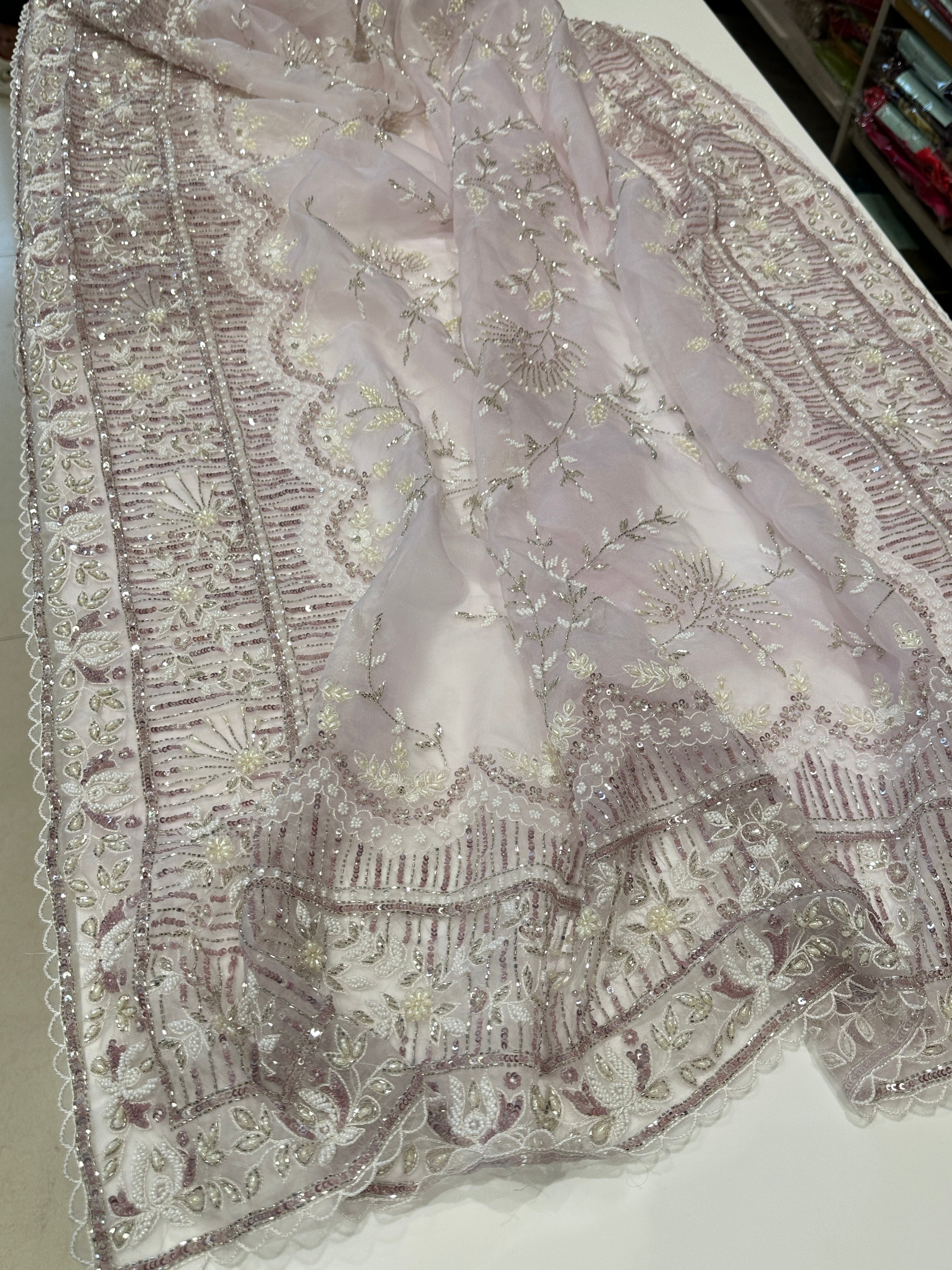 Lilac Organza Hand Embroidery Saree