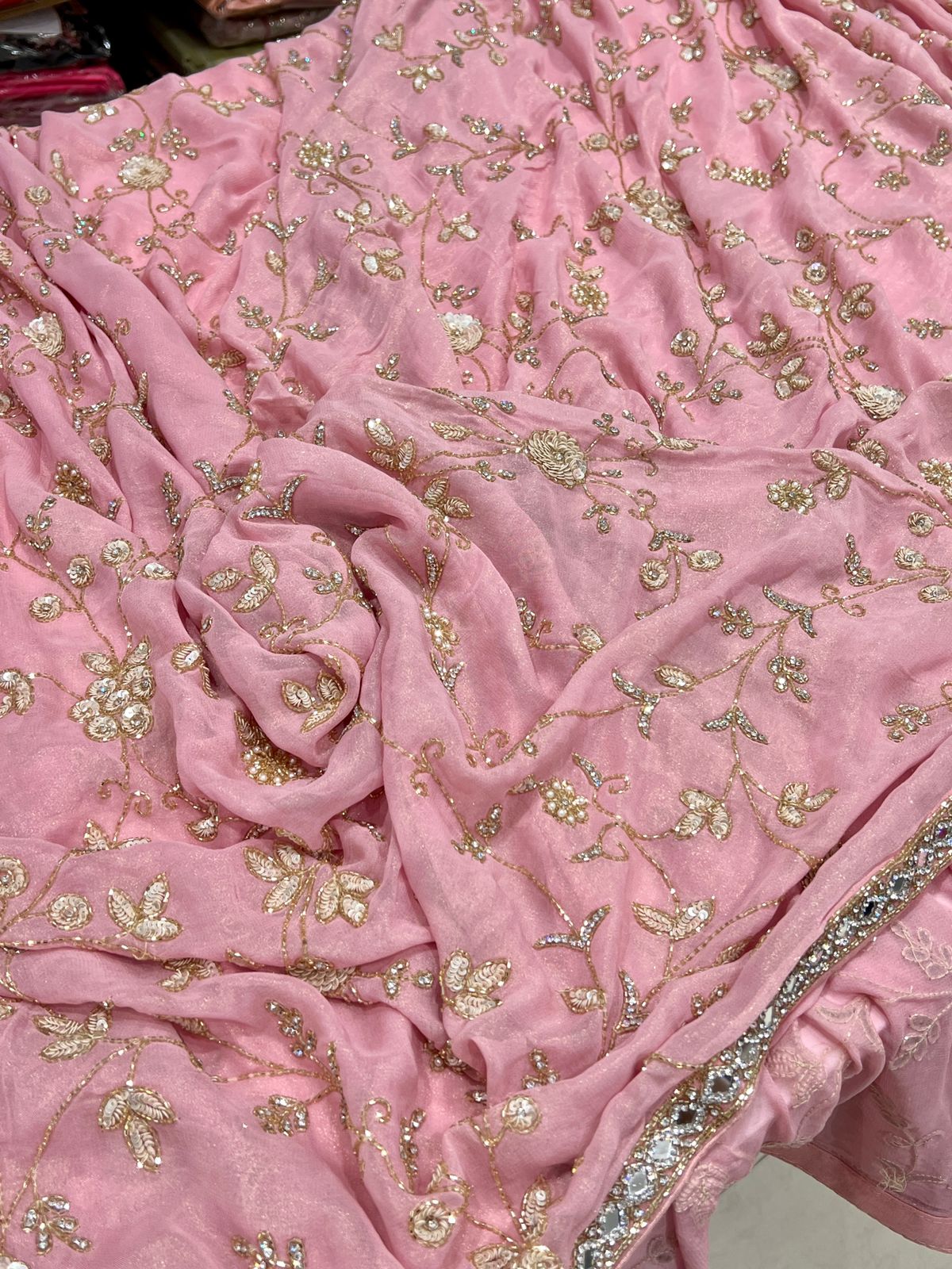 Pink Tissue Chiffon Hand Embroidery Saree